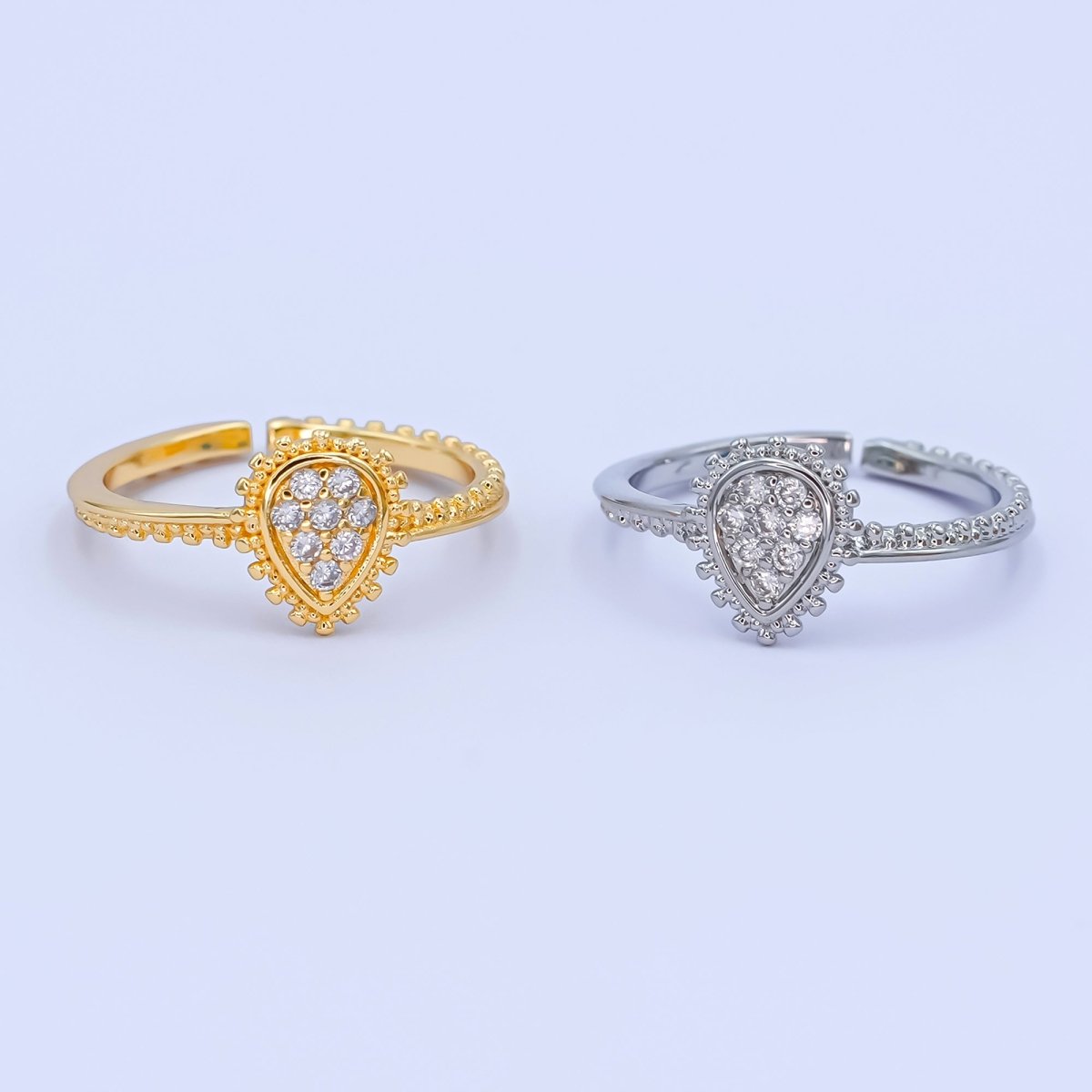24K Gold Filled Teardrop CZ Micro Paved Dotted Ring in Silver & Gold | O730 O731