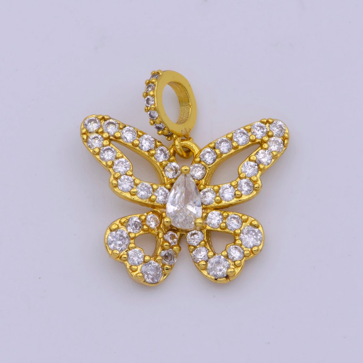 24K Gold Filled Teardrop CZ Micro Paved Open Butterfly Animal Pendant | I330