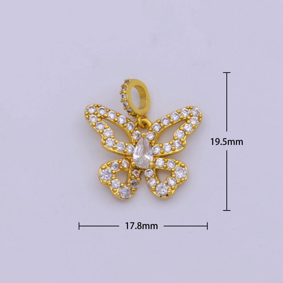 24K Gold Filled Teardrop CZ Micro Paved Open Butterfly Animal Pendant | I330