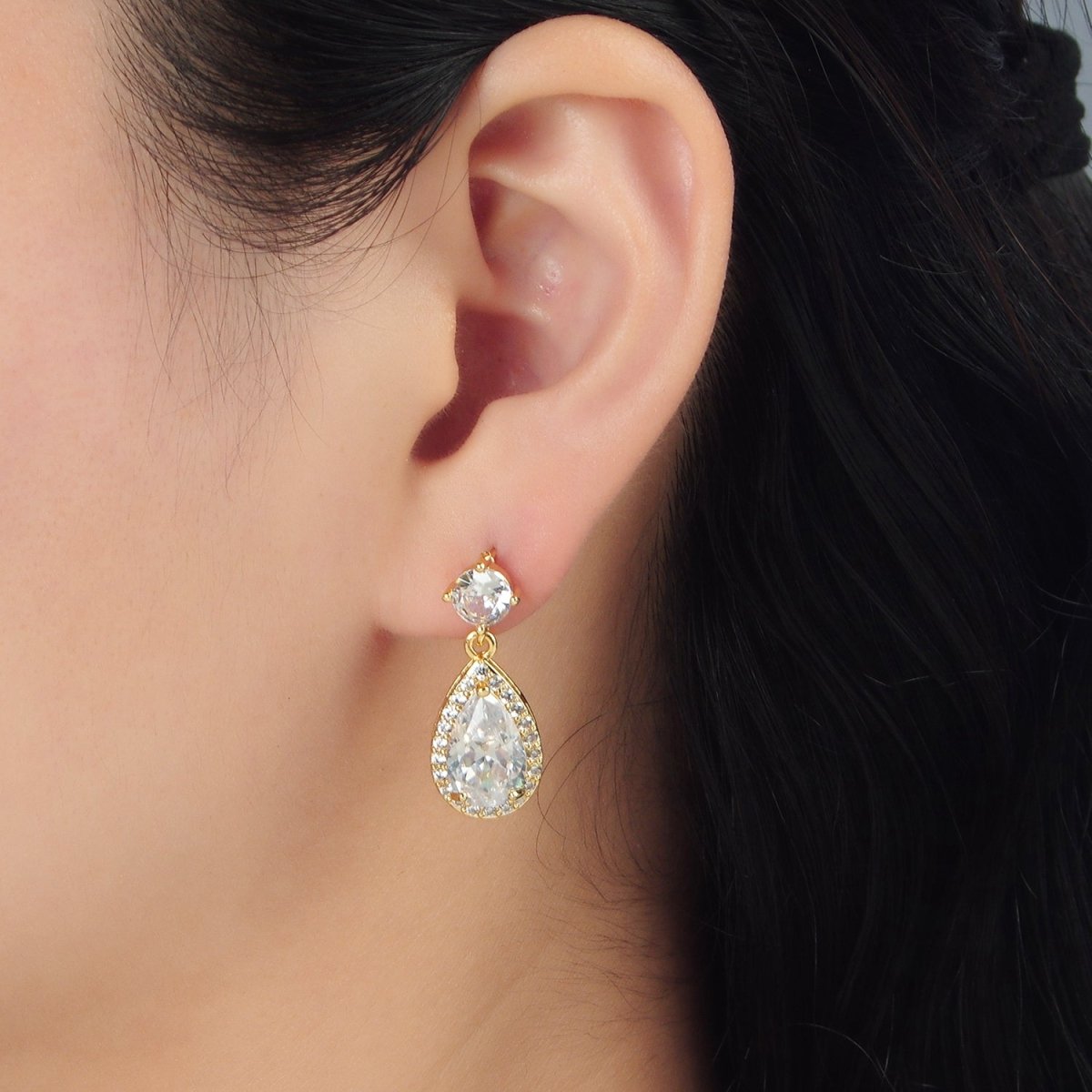 24K Gold Filled Teardrop Micro Paved CZ Drop Stud Earrings | AD752