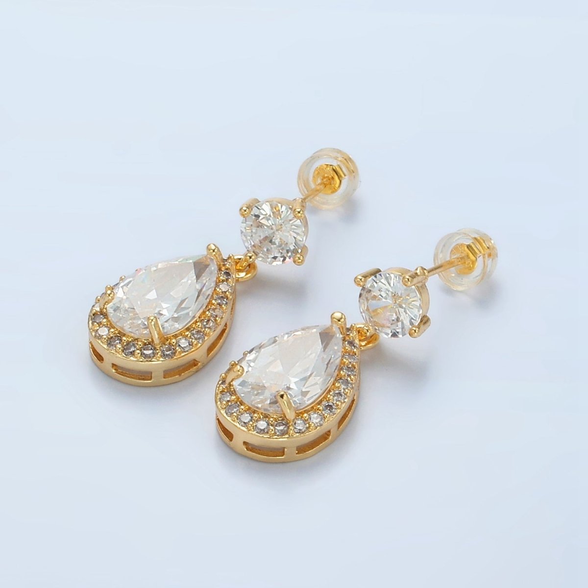 24K Gold Filled Teardrop Micro Paved CZ Drop Stud Earrings | AD752