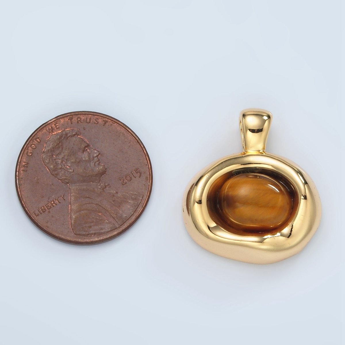 24K Gold Filled Tiger Eye Gemstone Oval Molten Bezel Pendant | H876
