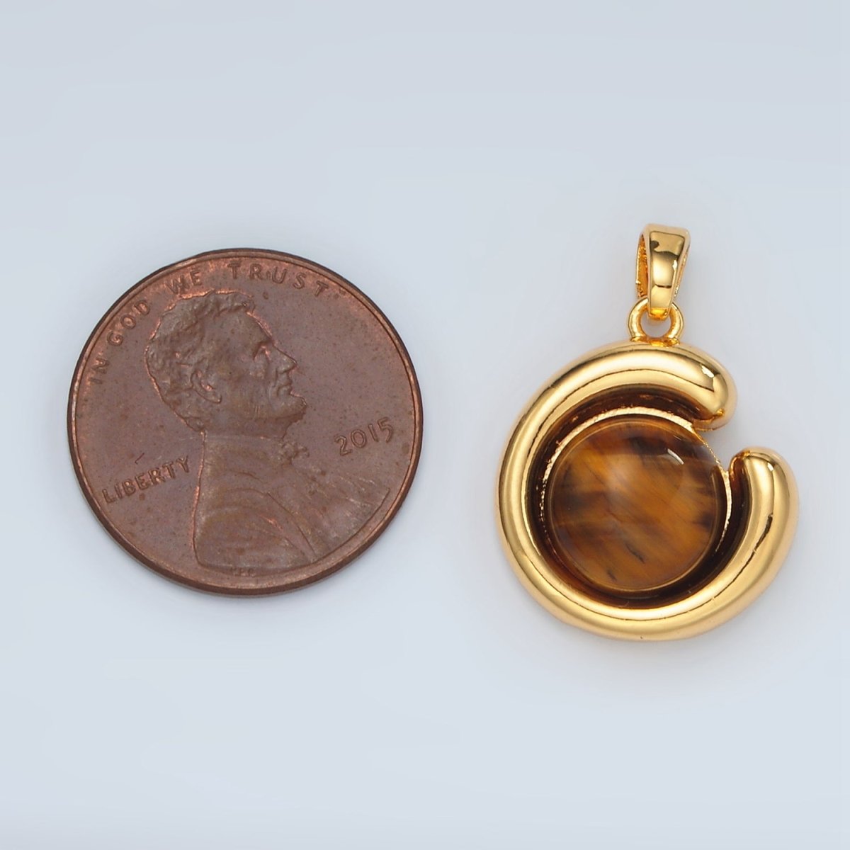 24K Gold Filled Tiger Eye Gemstone Round Curved Bezel Pendant | H809
