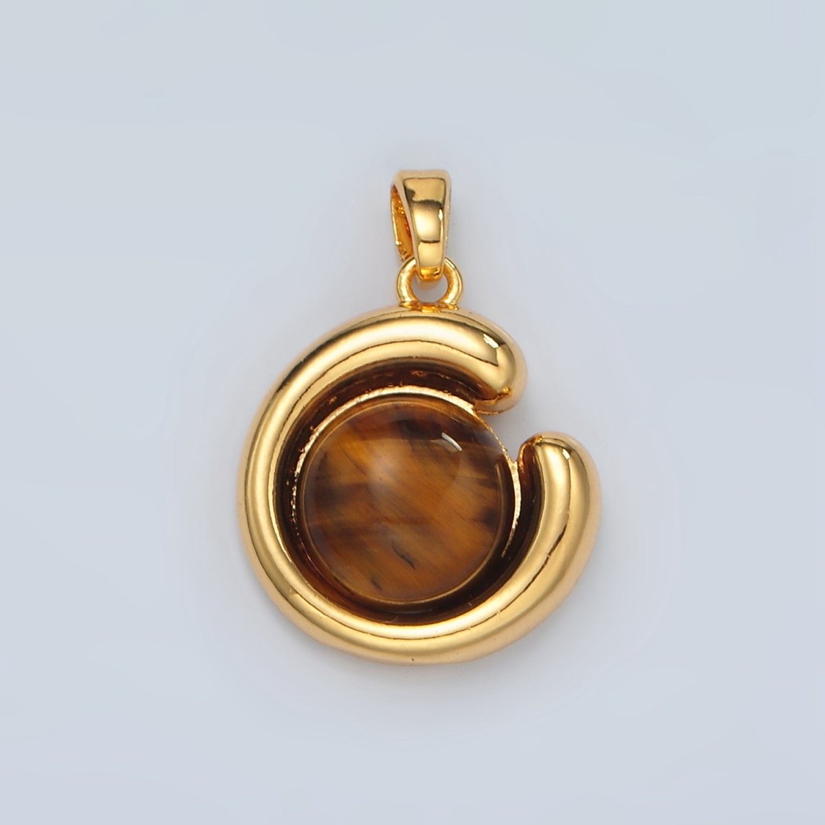24K Gold Filled Tiger Eye Gemstone Round Curved Bezel Pendant | H809