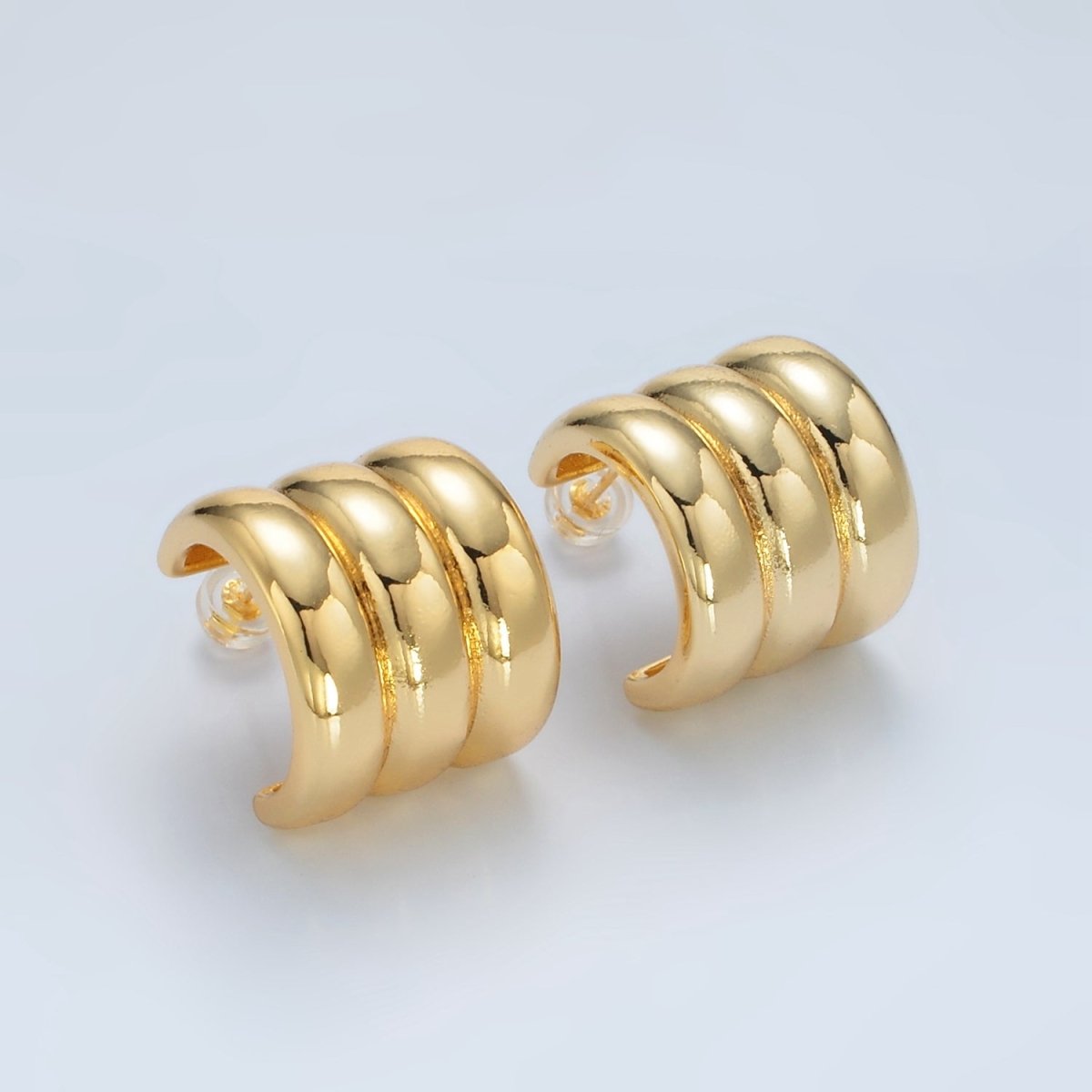 24K Gold Filled Triple Band C-Shaped Hoop Earrings | Q363