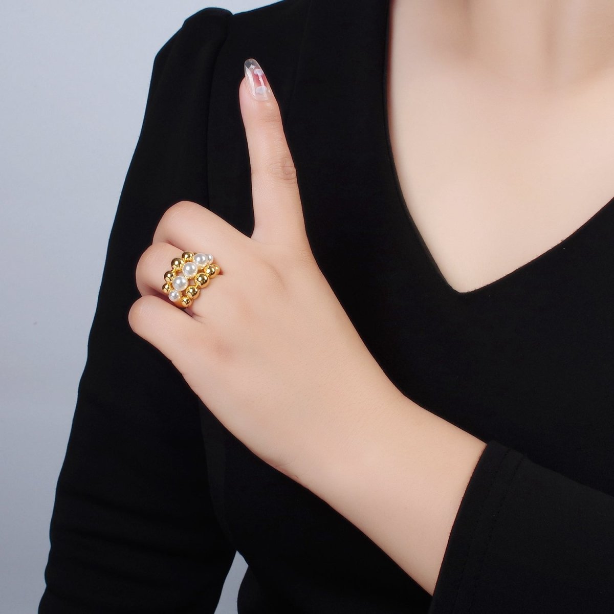 24K Gold Filled Triple Beaded Bubble Shell Pearl Ring | O1398