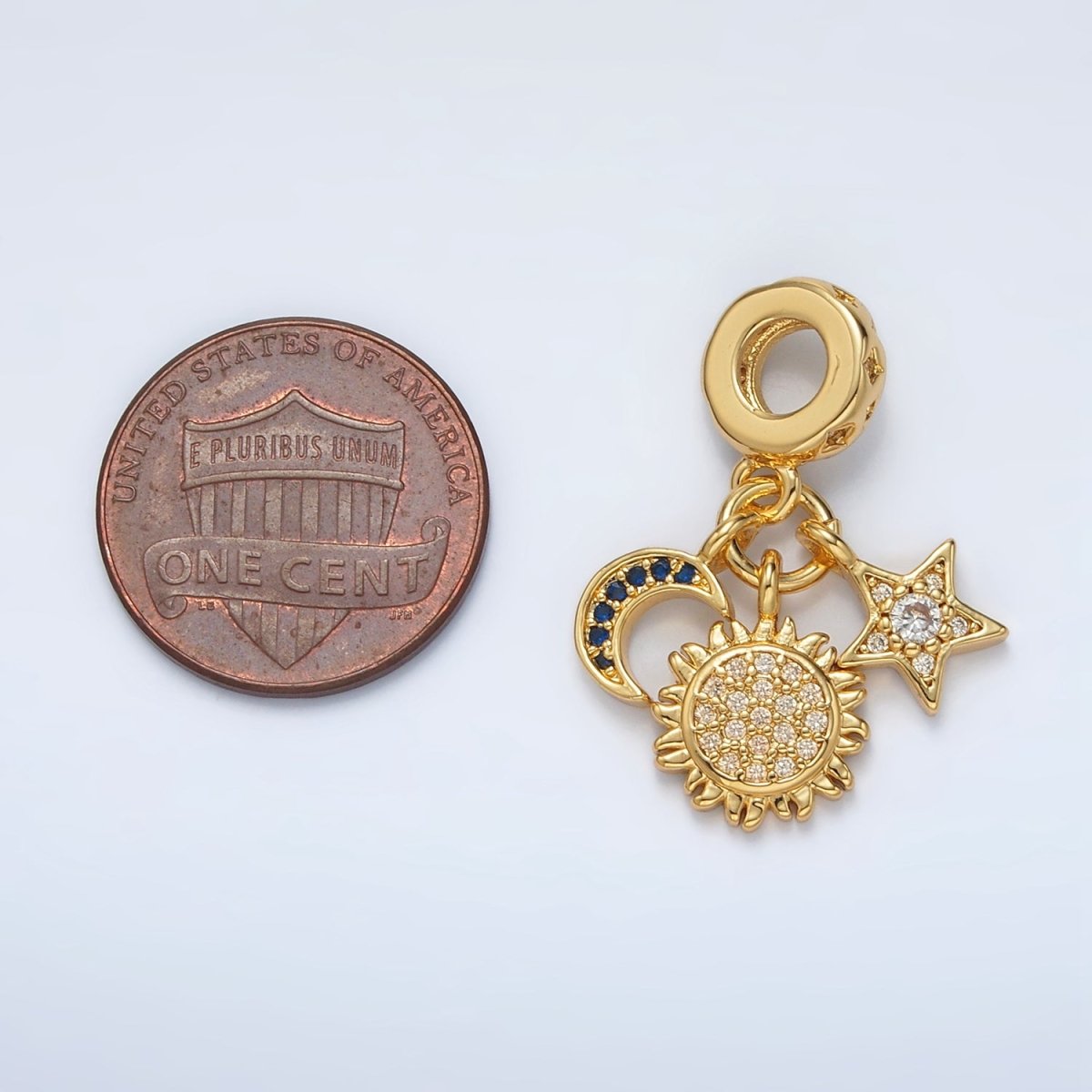 24K Gold Filled Triple Celestial Sun Star Crescent Moon Micro Paved CZ Rhondelle Bail Drop Pendant | AC082