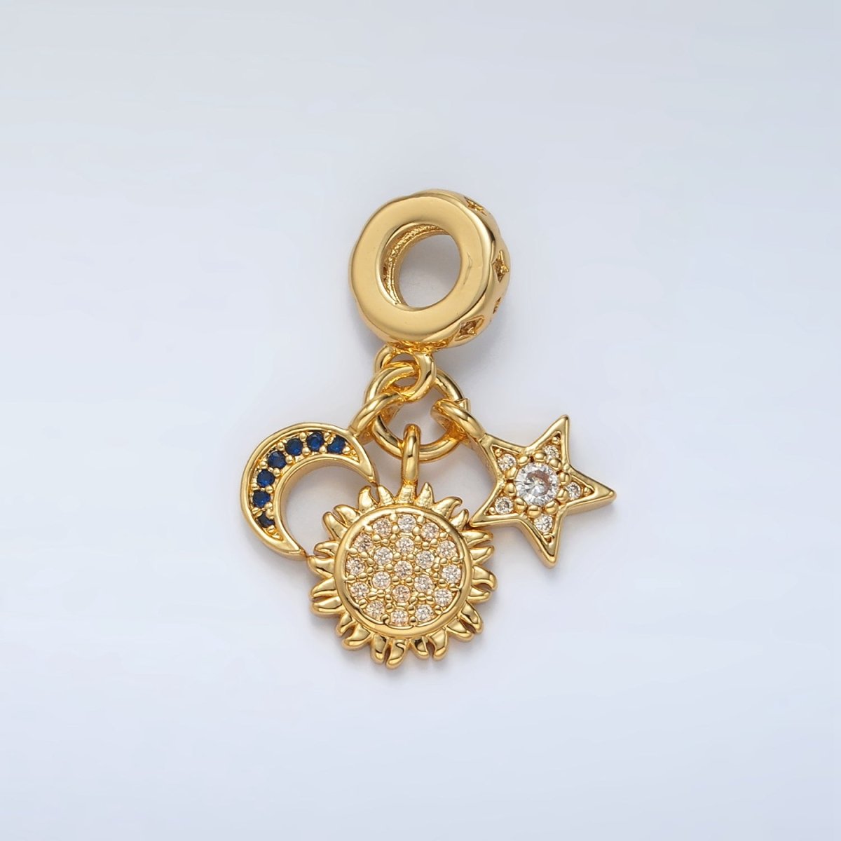 24K Gold Filled Triple Celestial Sun Star Crescent Moon Micro Paved CZ Rhondelle Bail Drop Pendant | AC082