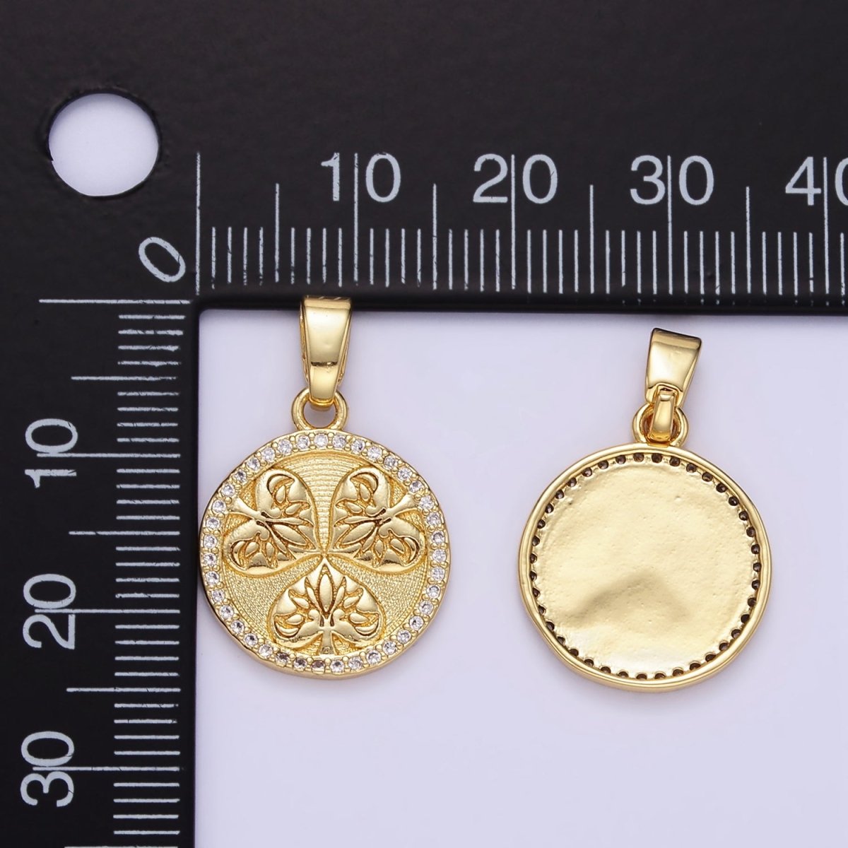 24K Gold Filled Triple Leaves Textured Micro Paved CZ Round Pendant | AA1353