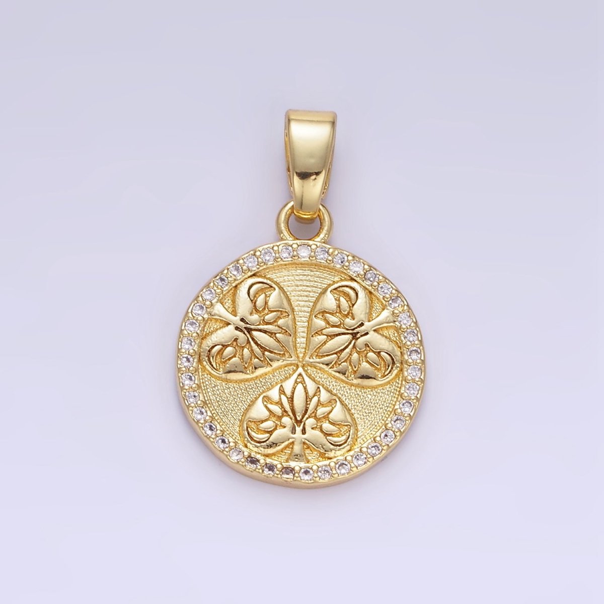 24K Gold Filled Triple Leaves Textured Micro Paved CZ Round Pendant | AA1353