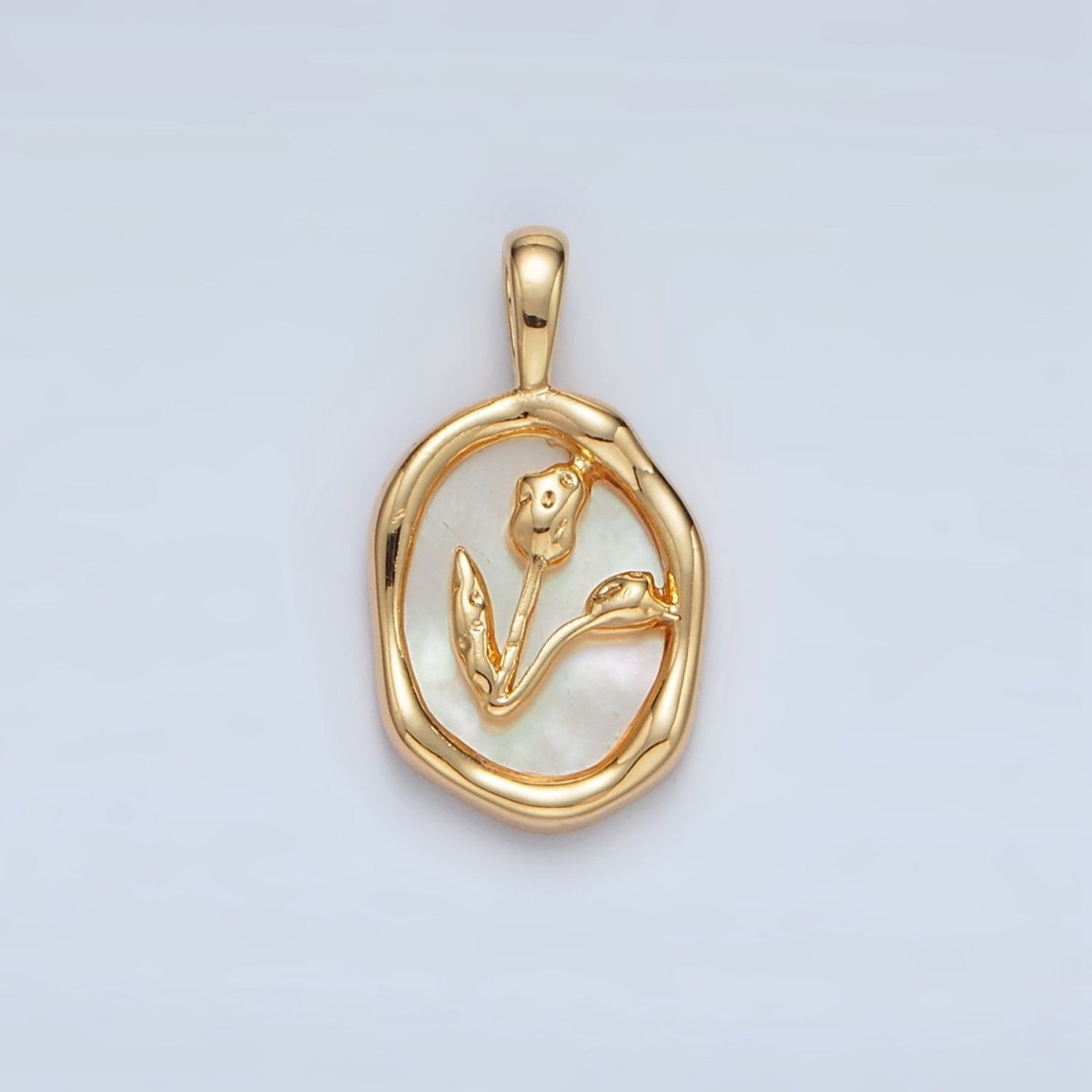 24K Gold Filled Tulip Flower Shell Pearl Molten Stamped Oval Pendant | AA1515