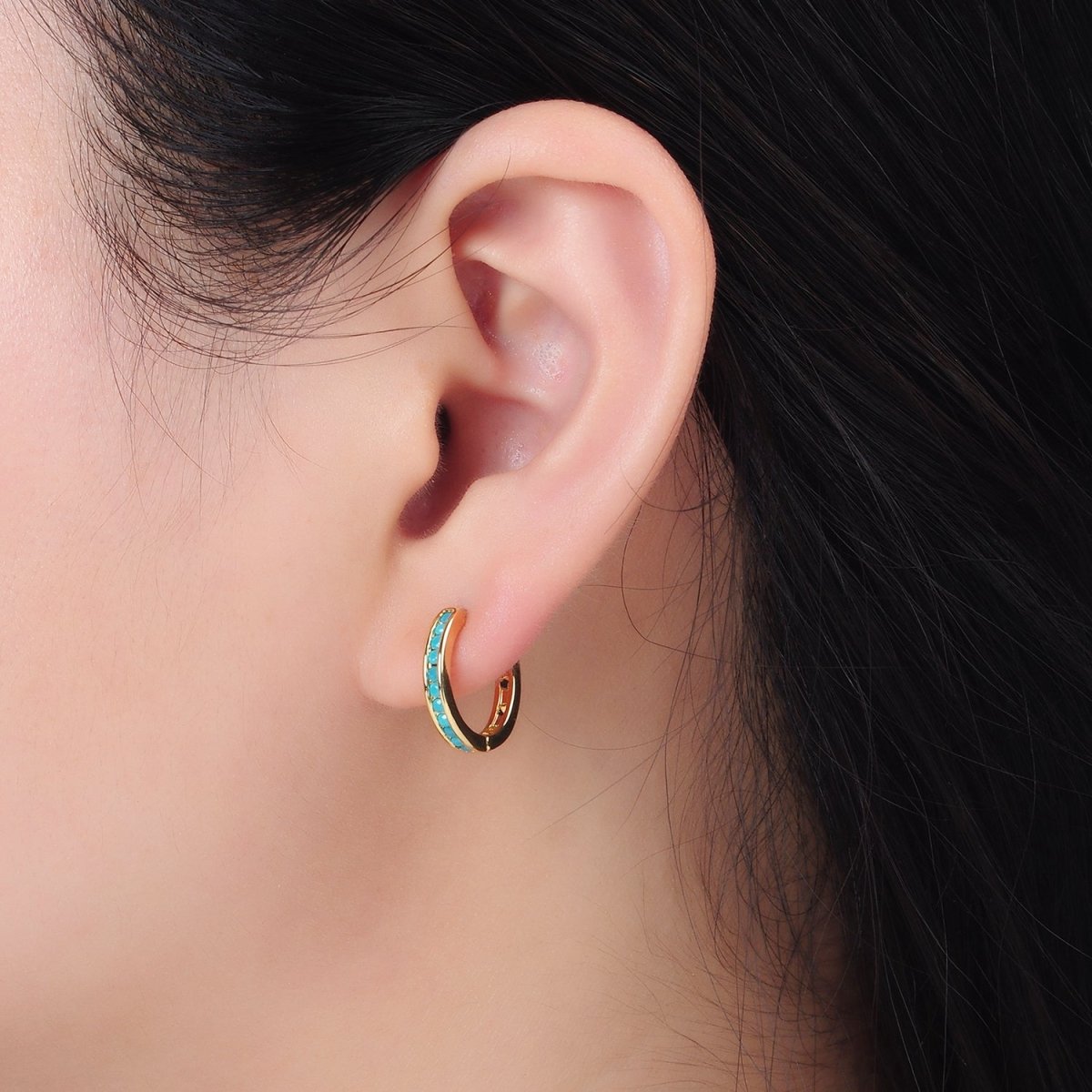 24K Gold Filled Turquoise Micro Paved Huggie Earrings | AD730