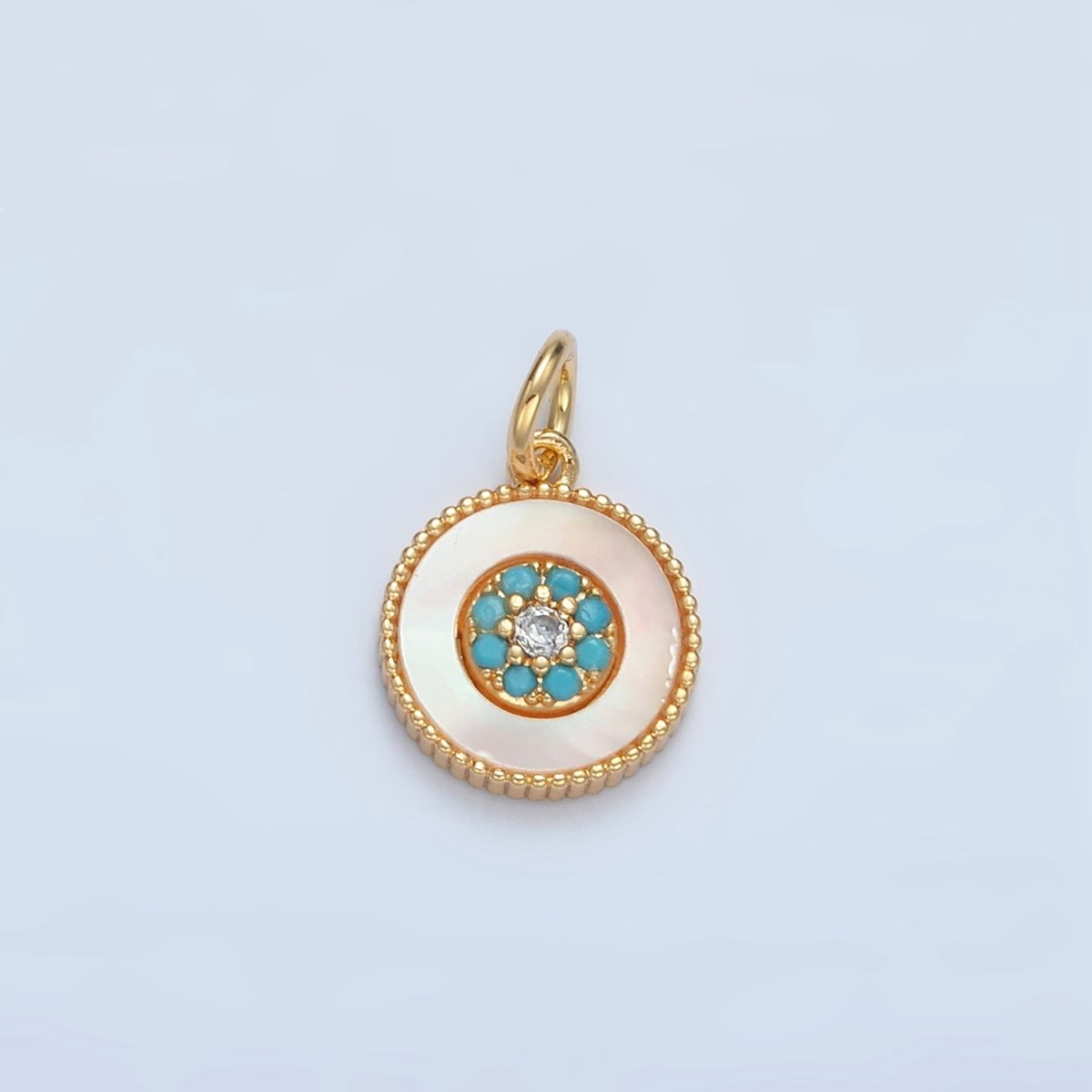 24K Gold Filled Turquoise Micro Paved Shell Pearl Round Charm | M869