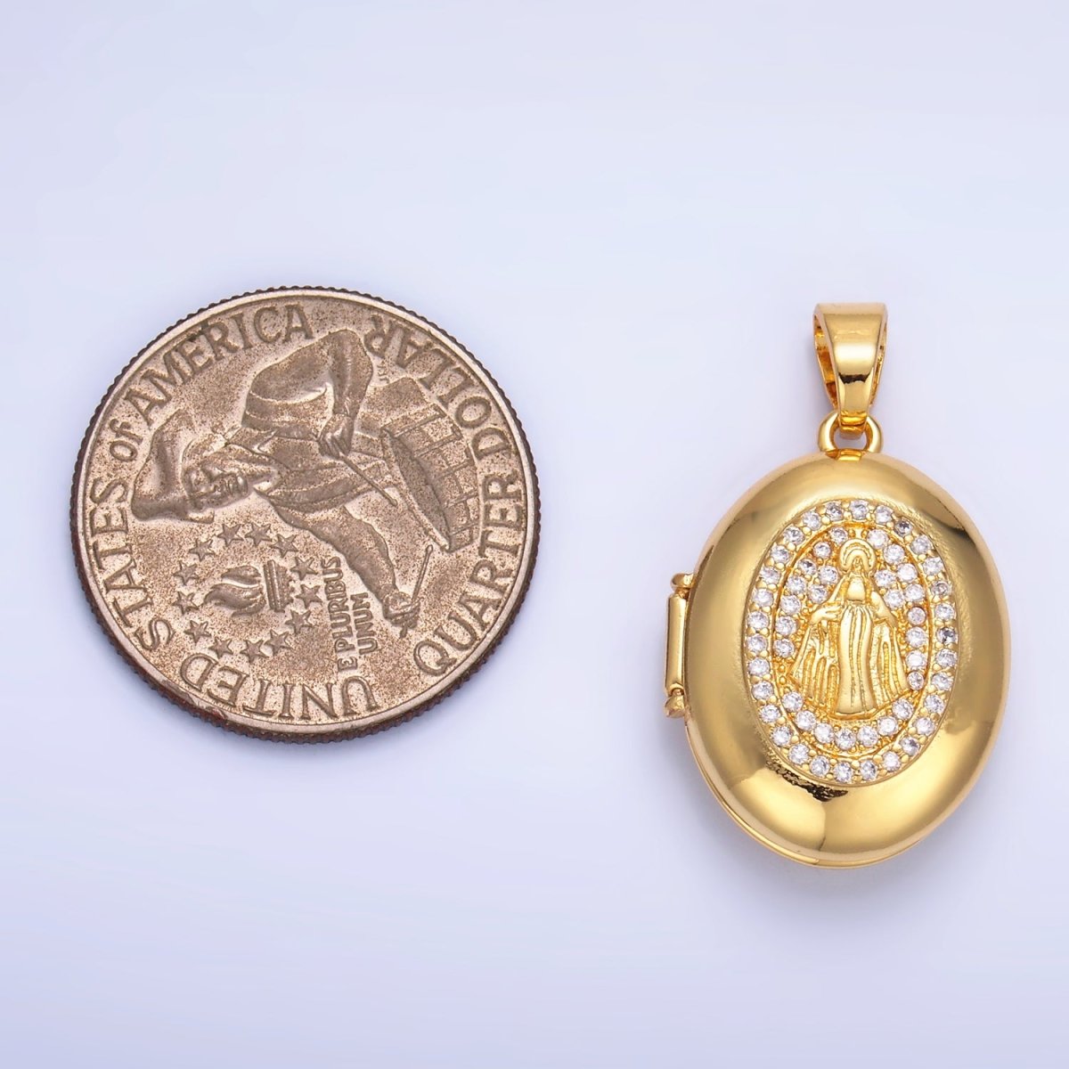 24K Gold Filled Virgin Mary Micro Paved CZ Oval Locket Pendant | AA1088