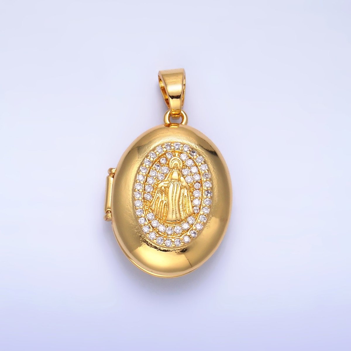 24K Gold Filled Virgin Mary Micro Paved CZ Oval Locket Pendant | AA1088