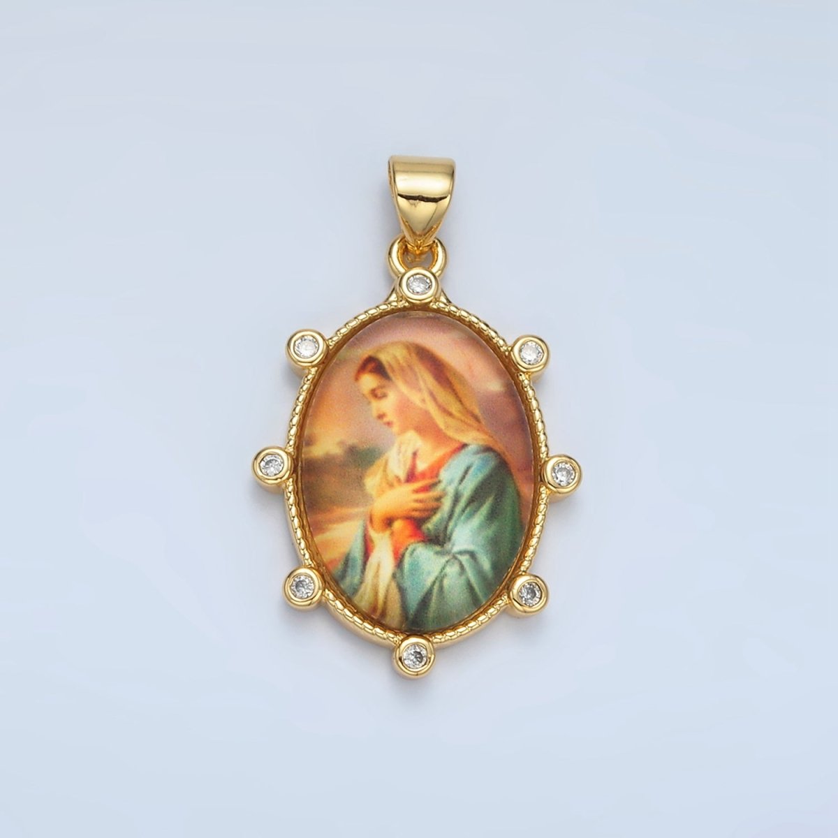 24K Gold Filled Virgin Mother Mary Cubic Zirconia Oval Religious Pendant | AA-074