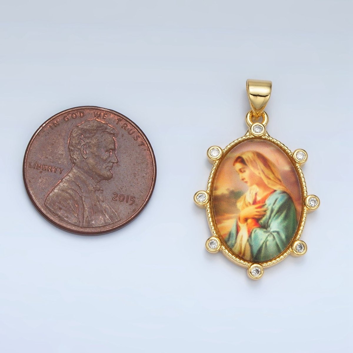 24K Gold Filled Virgin Mother Mary Cubic Zirconia Oval Religious Pendant | AA-074