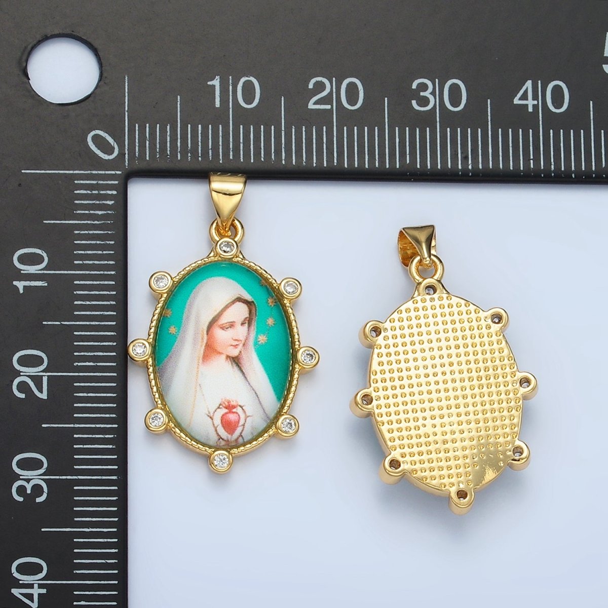 24K Gold Filled Virgin Mother Mary Sacred Heart Cubic Zirconia Oval Religious Pendant | AA-902