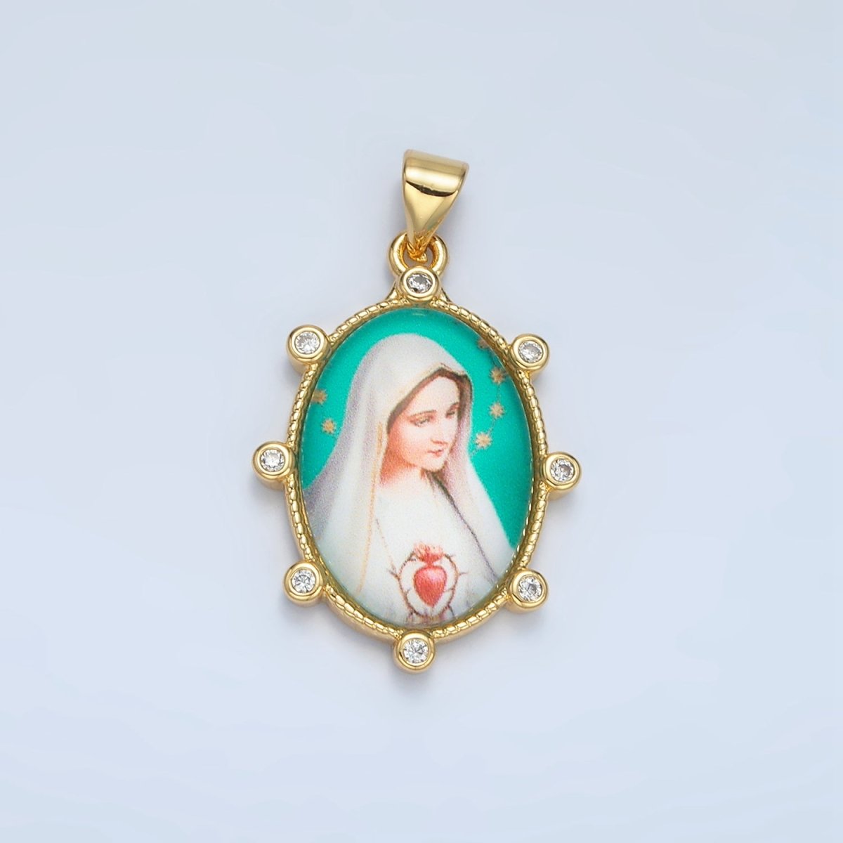 24K Gold Filled Virgin Mother Mary Sacred Heart Cubic Zirconia Oval Religious Pendant | AA-902