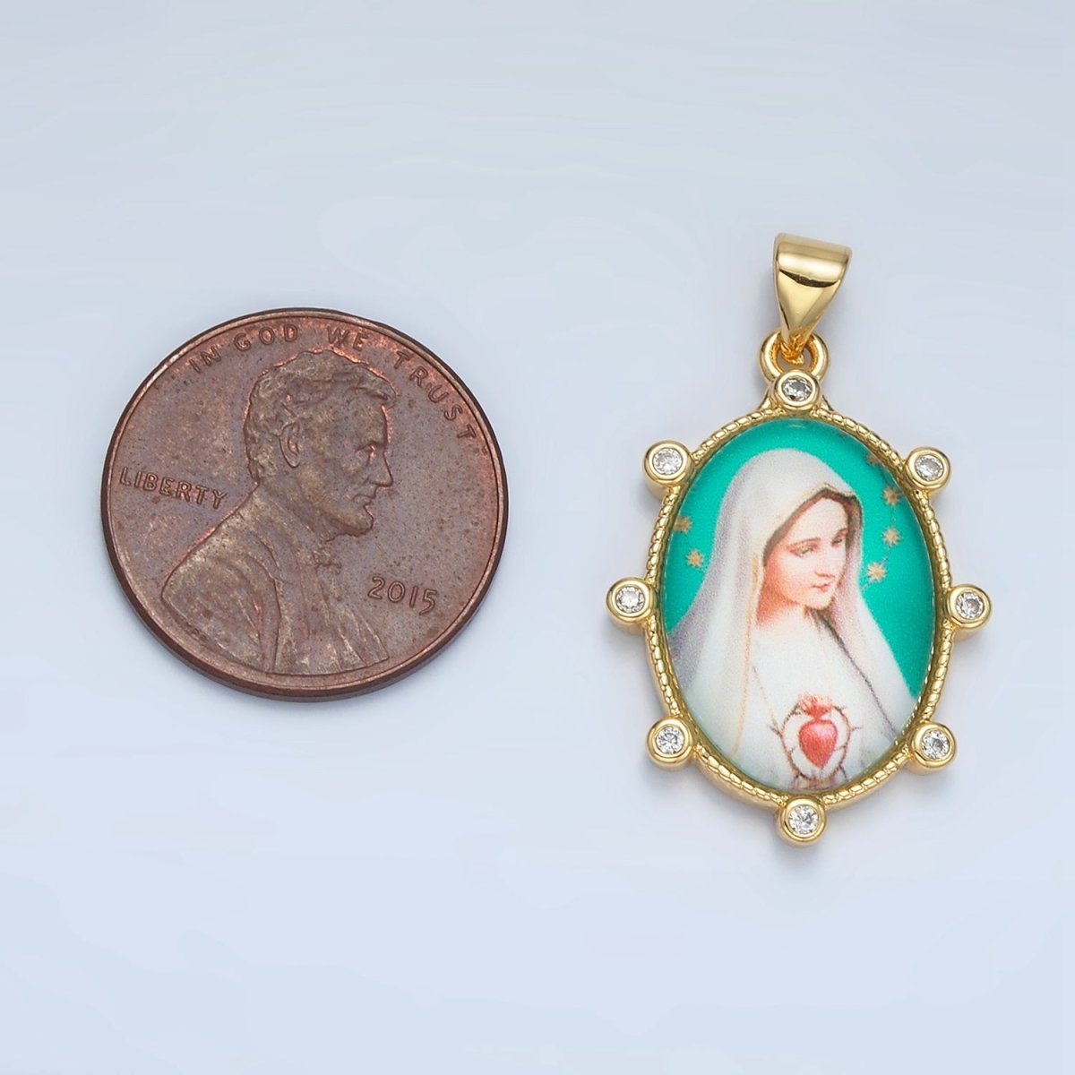 24K Gold Filled Virgin Mother Mary Sacred Heart Cubic Zirconia Oval Religious Pendant | AA-902