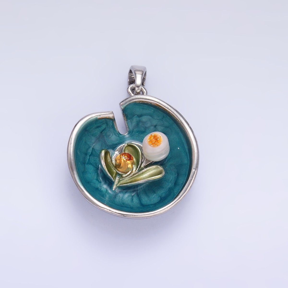 24K Gold Filled Water Lily Flower Arrangement Pearl Enamel Charm in Gold & Silver | AA1424