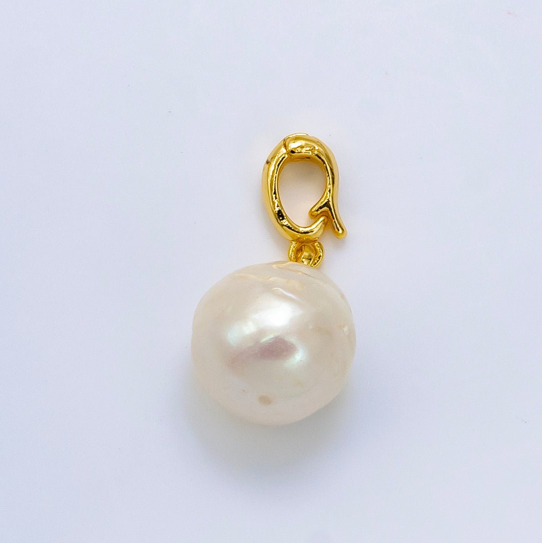 24K Gold Filled White Freshwater Pearl Button Round Snap Latch Bail Pendant | P1909