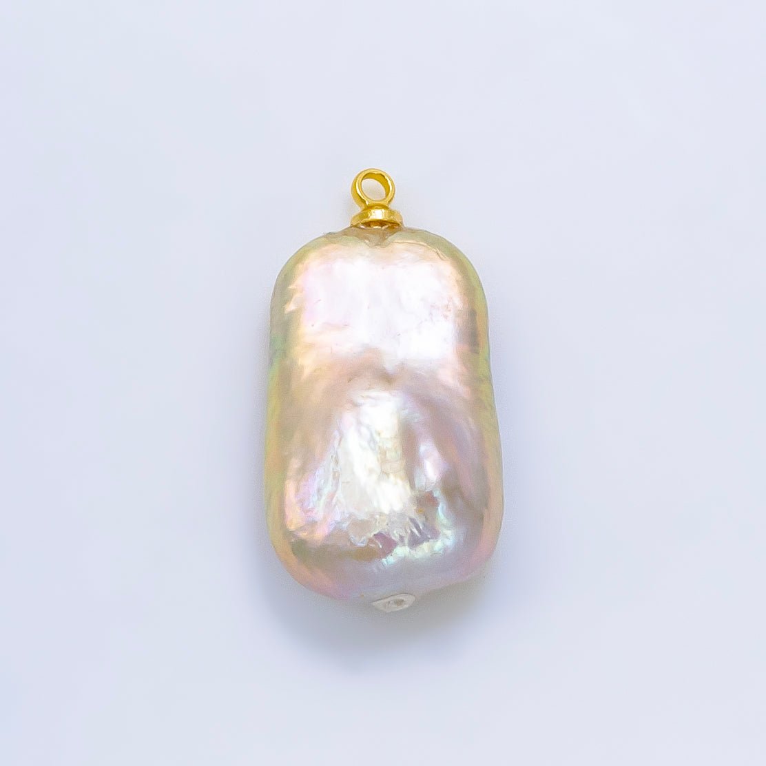 24K Gold Filled White Iridescent Rectangle Biwa Freshwater Pearl Charm | P1907