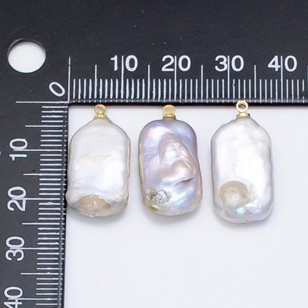 24K Gold Filled White Iridescent Rectangle Biwa Freshwater Pearl Charm | P1907