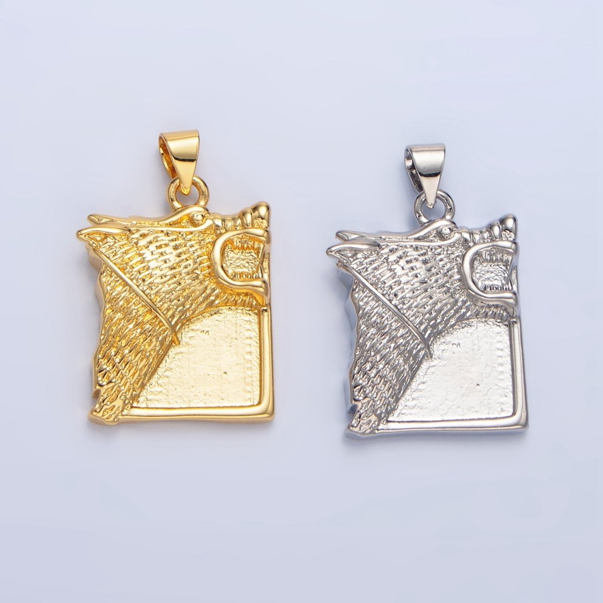 24K Gold Filled Wolf Charms Square Tag Medallion Pendant in Gold Silver | I633