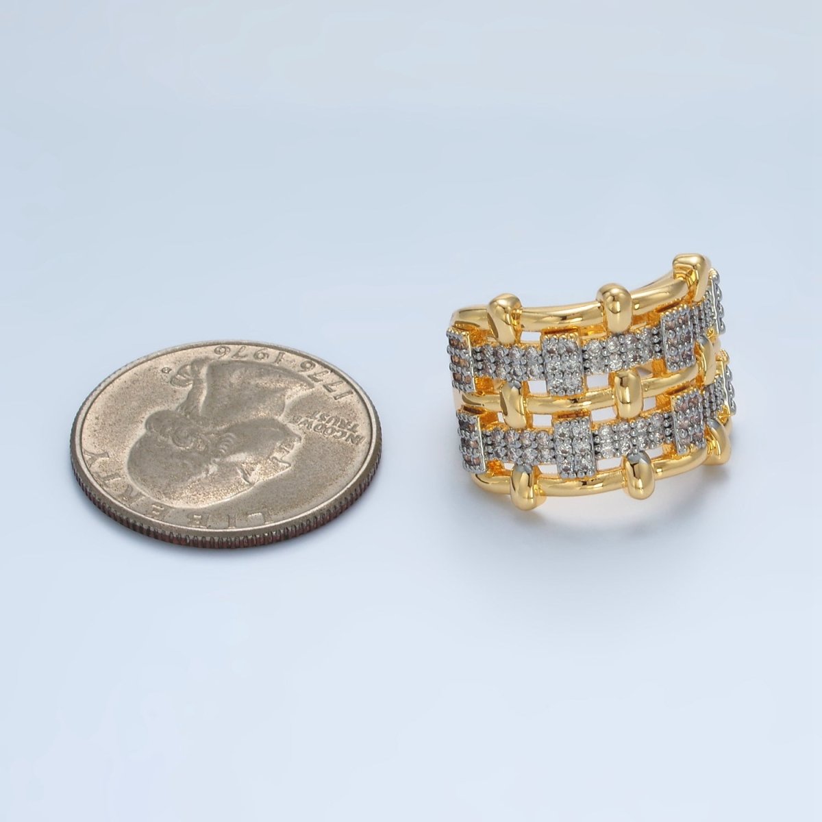 24K Gold Filled Woven Micro Paved CZ Multiple Band Mixed Metal Ring | O1406