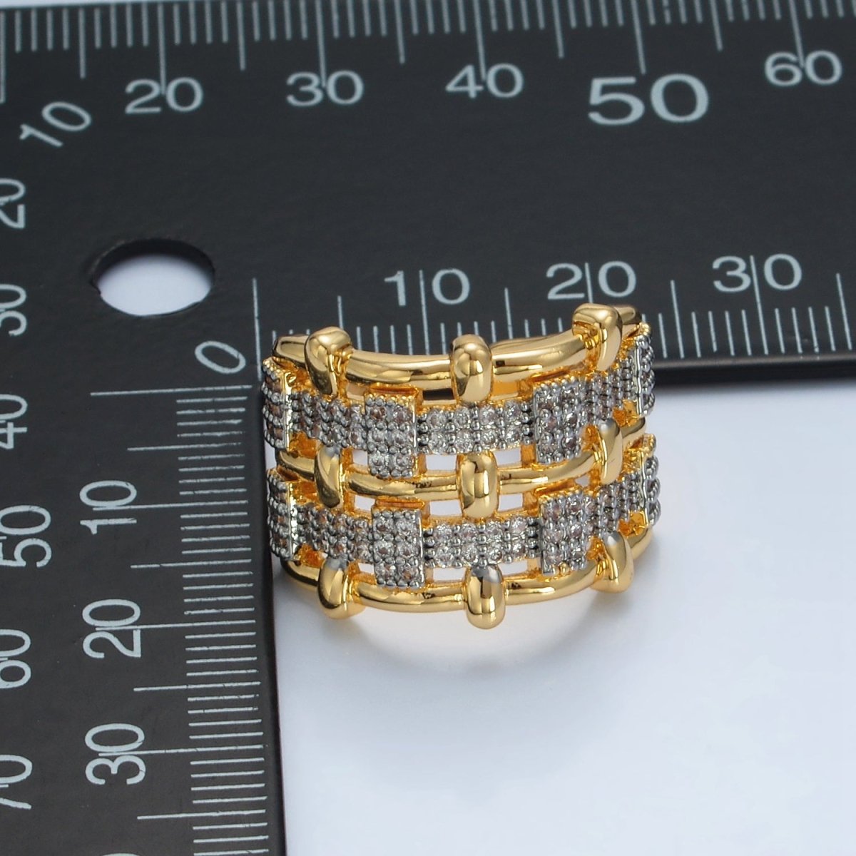 24K Gold Filled Woven Micro Paved CZ Multiple Band Mixed Metal Ring | O1406