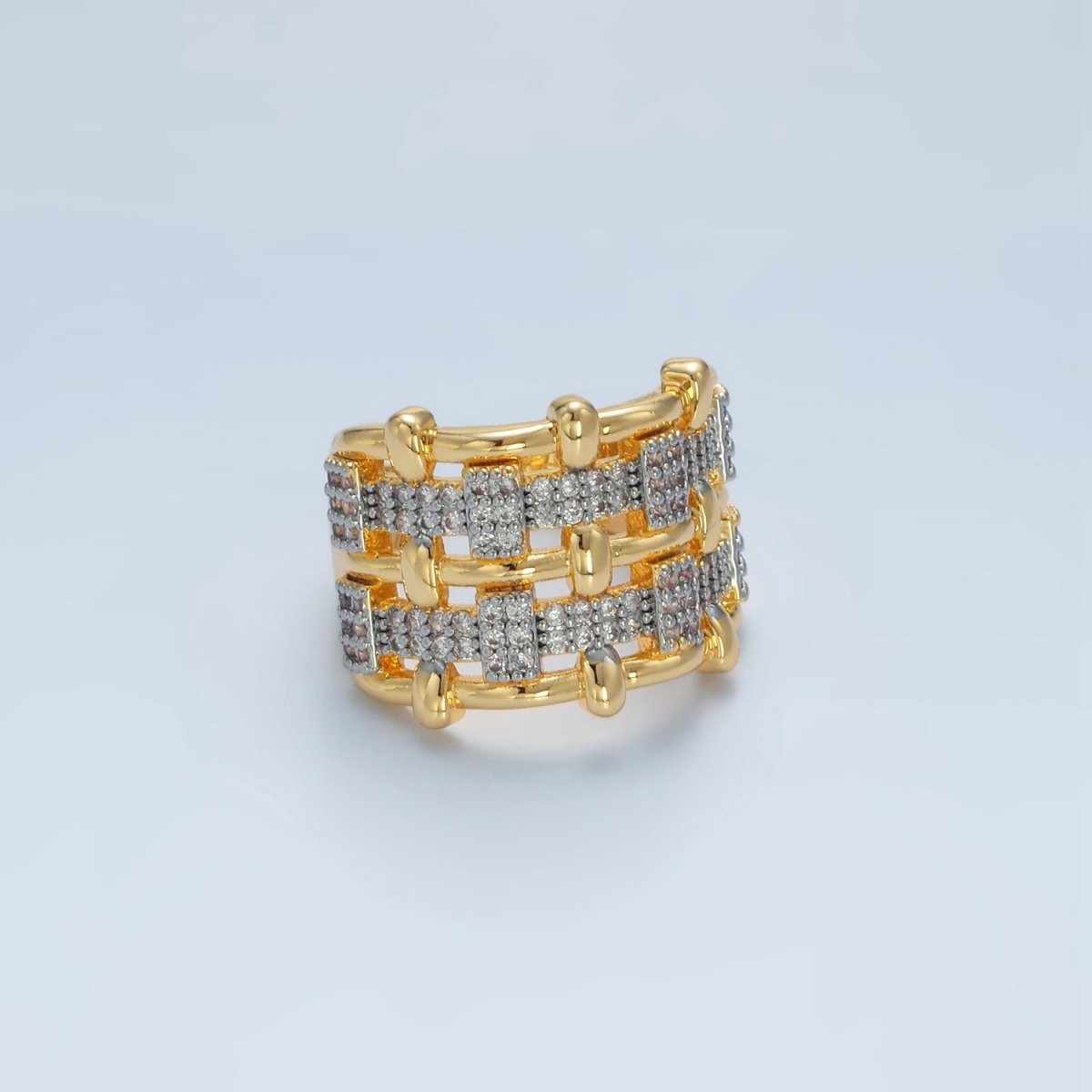 24K Gold Filled Woven Micro Paved CZ Multiple Band Mixed Metal Ring | O1406