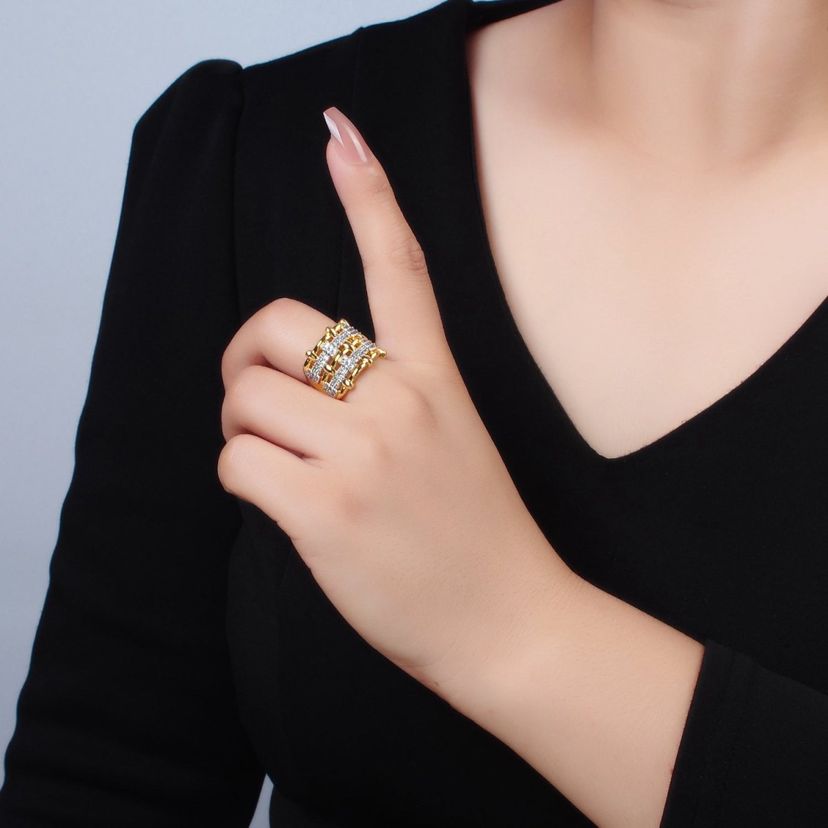 24K Gold Filled Woven Micro Paved CZ Multiple Band Mixed Metal Ring | O1406