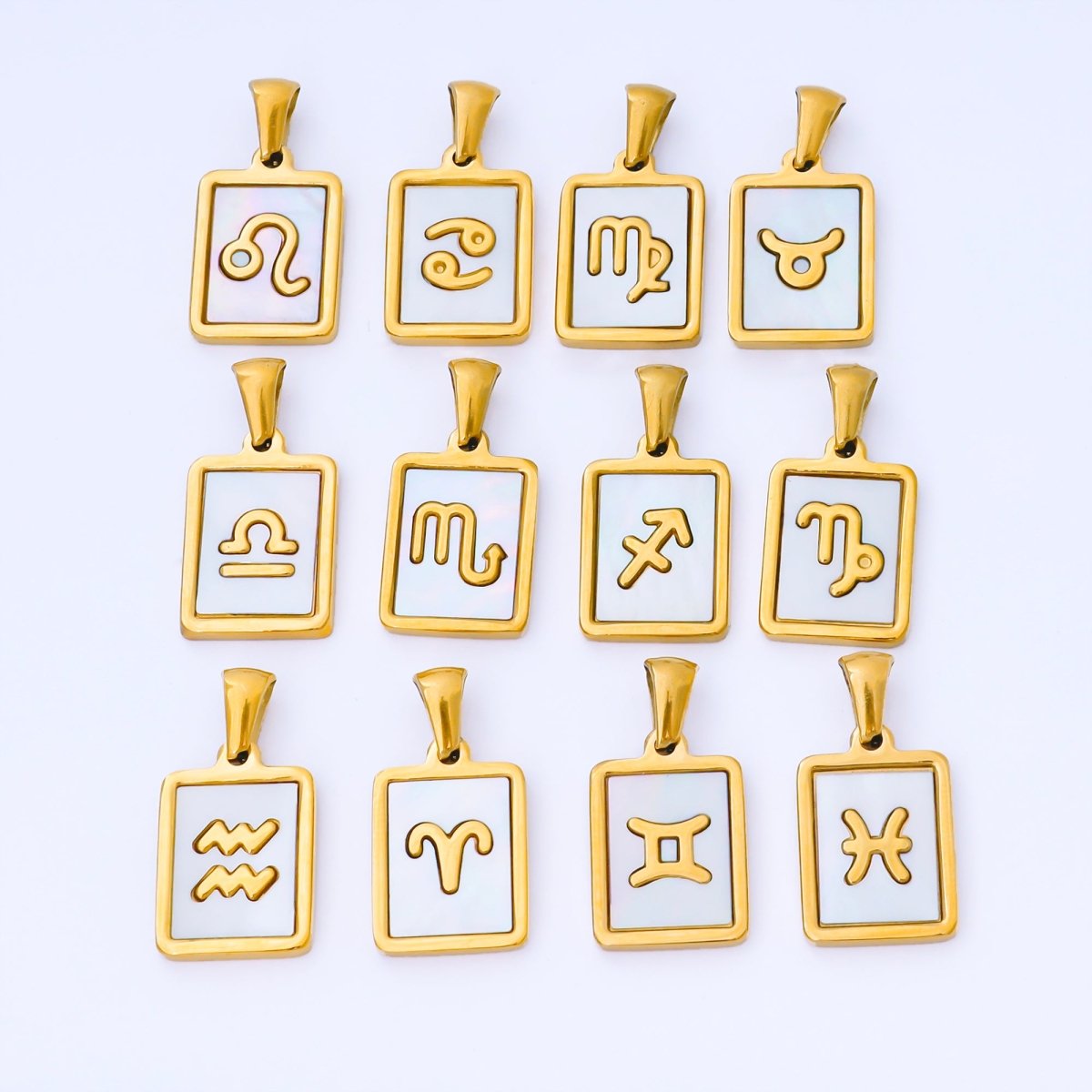 24K Gold Filled Zodiac Sign Shell Pearl Tag Astrology Horoscope Stainless Steel Pendants | A-A1809-A-A1814