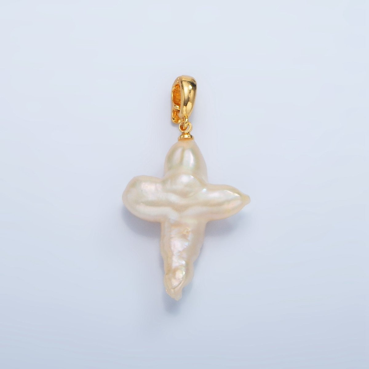 24K Gold Filled White Freshwater Pearl Religious Cross Pendant | P1762