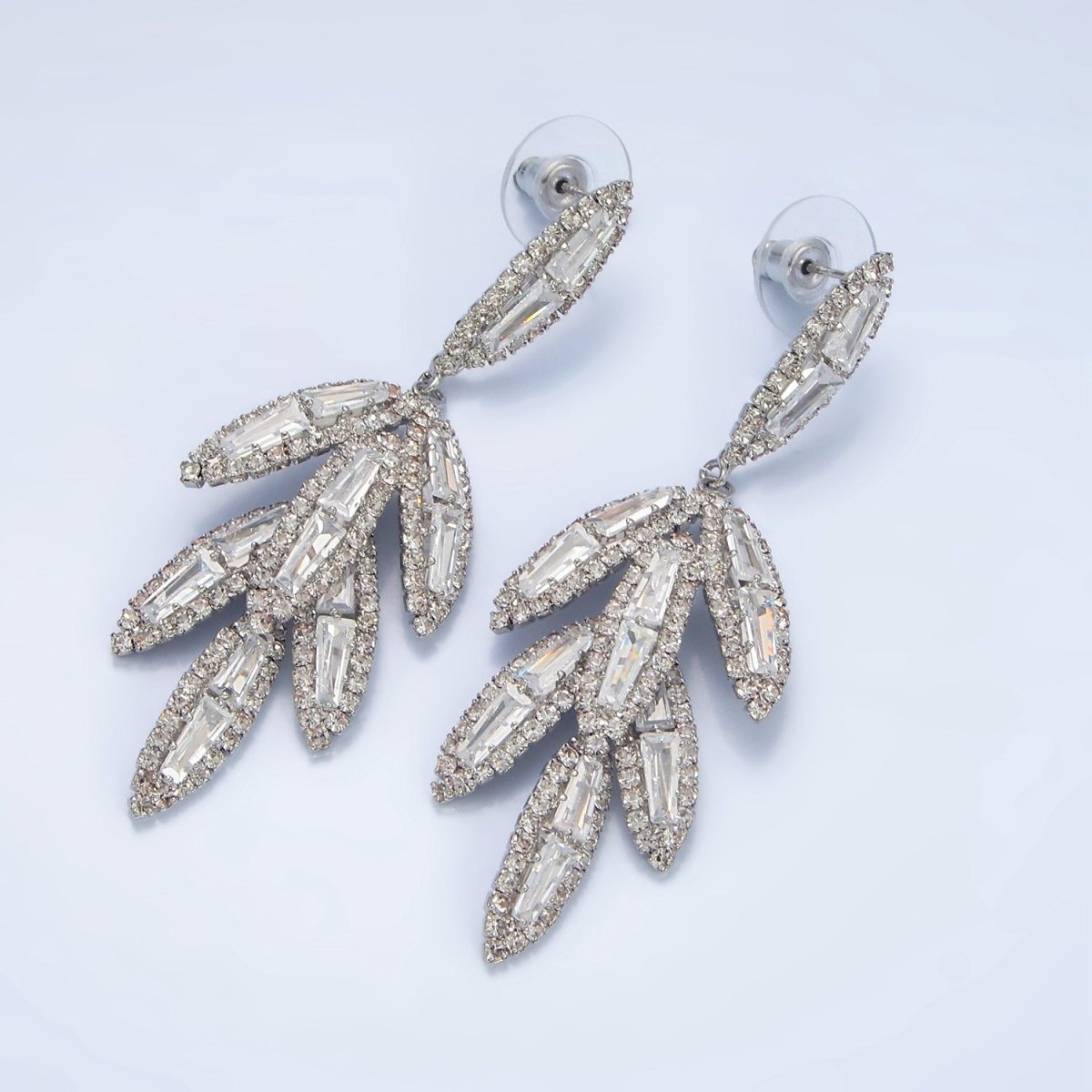 65mm Leaf Sphere Baguette CZ Micro Paved Drop Stud Earrings in Gold & Silver | P174 P183