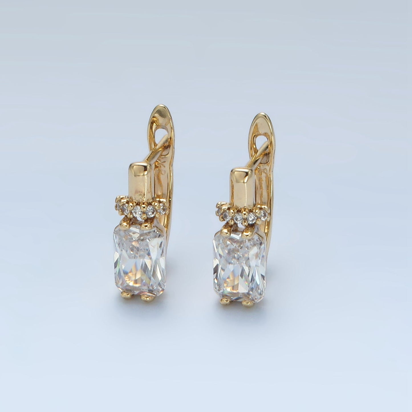 14K Gold Filled Baguette CZ Micro Paved English Lock Hoop Earrings in Gold & Silver | AB1243 AB1244