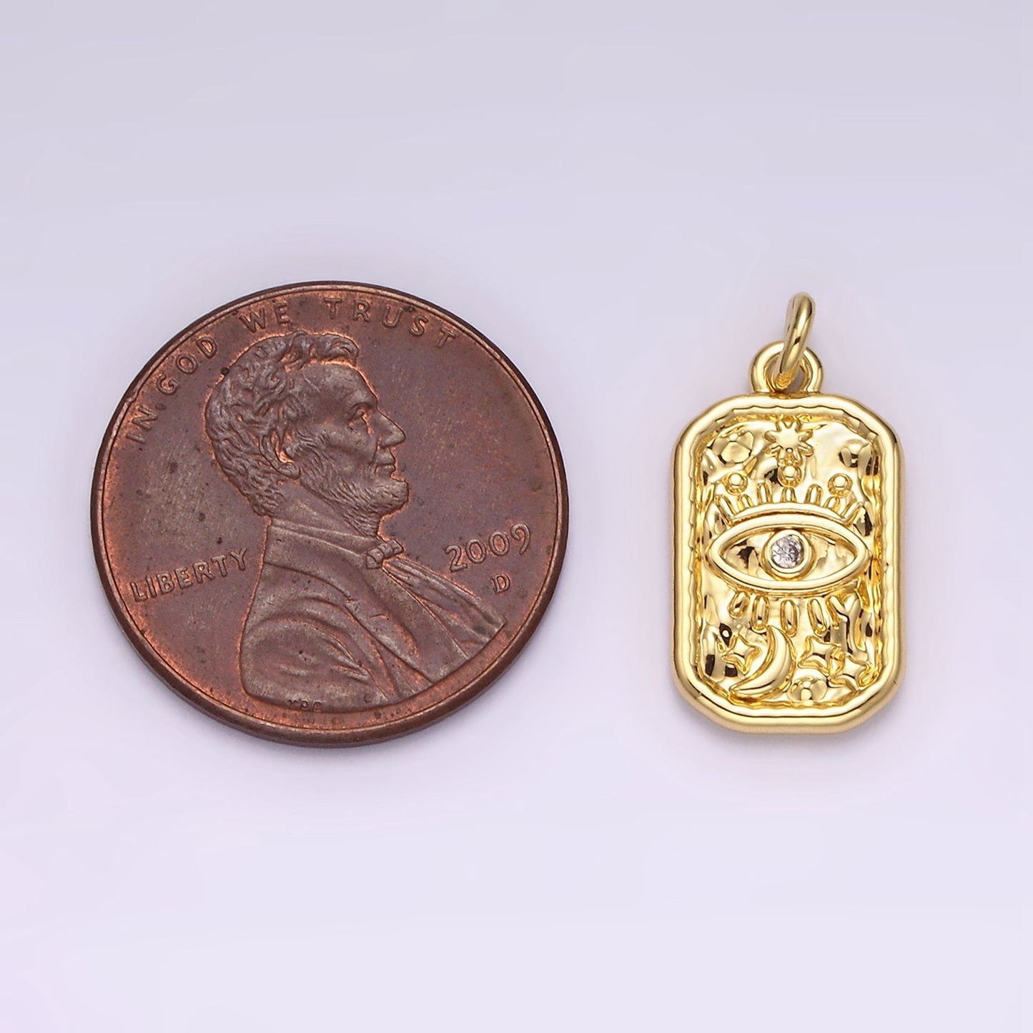 14K Gold Filled CZ Evil Eye Celestial Sun Moon Stars Hammered Rectangular Charm | AC781