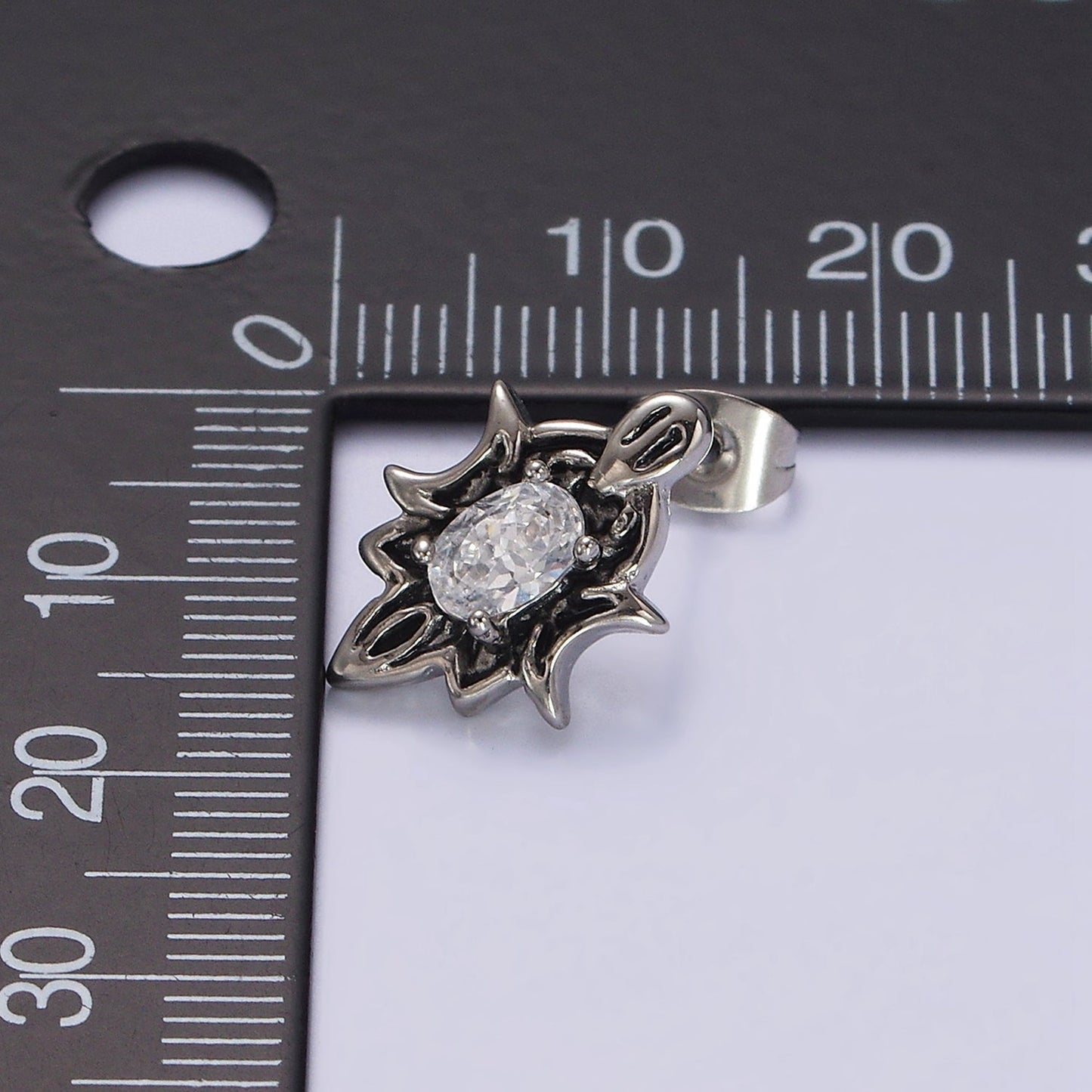 Stainless Steel Clear Oval CZ Double Celestial Crescent Moon Stud Earrings | AE692
