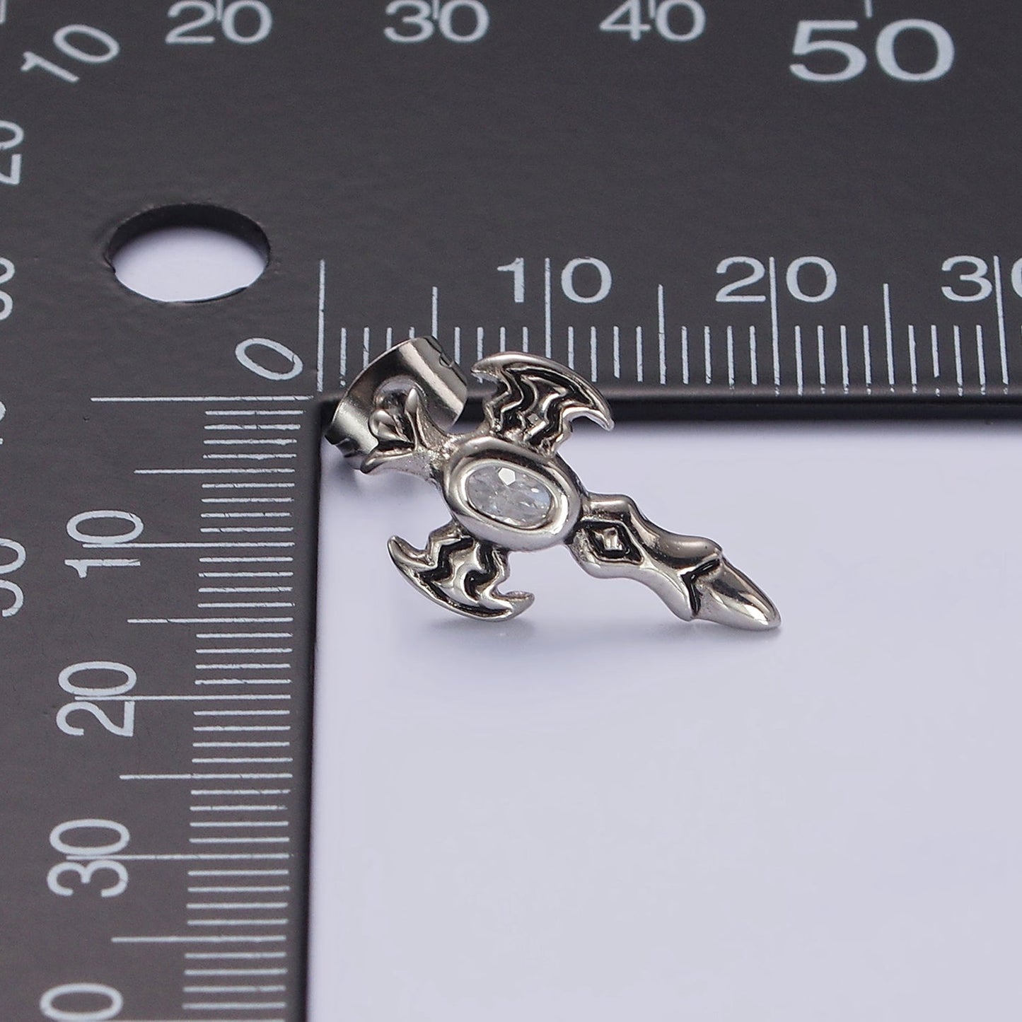 Stainless Steel Clear Oval CZ Artisan Cross Bat Wings Stud Earrings | AE693