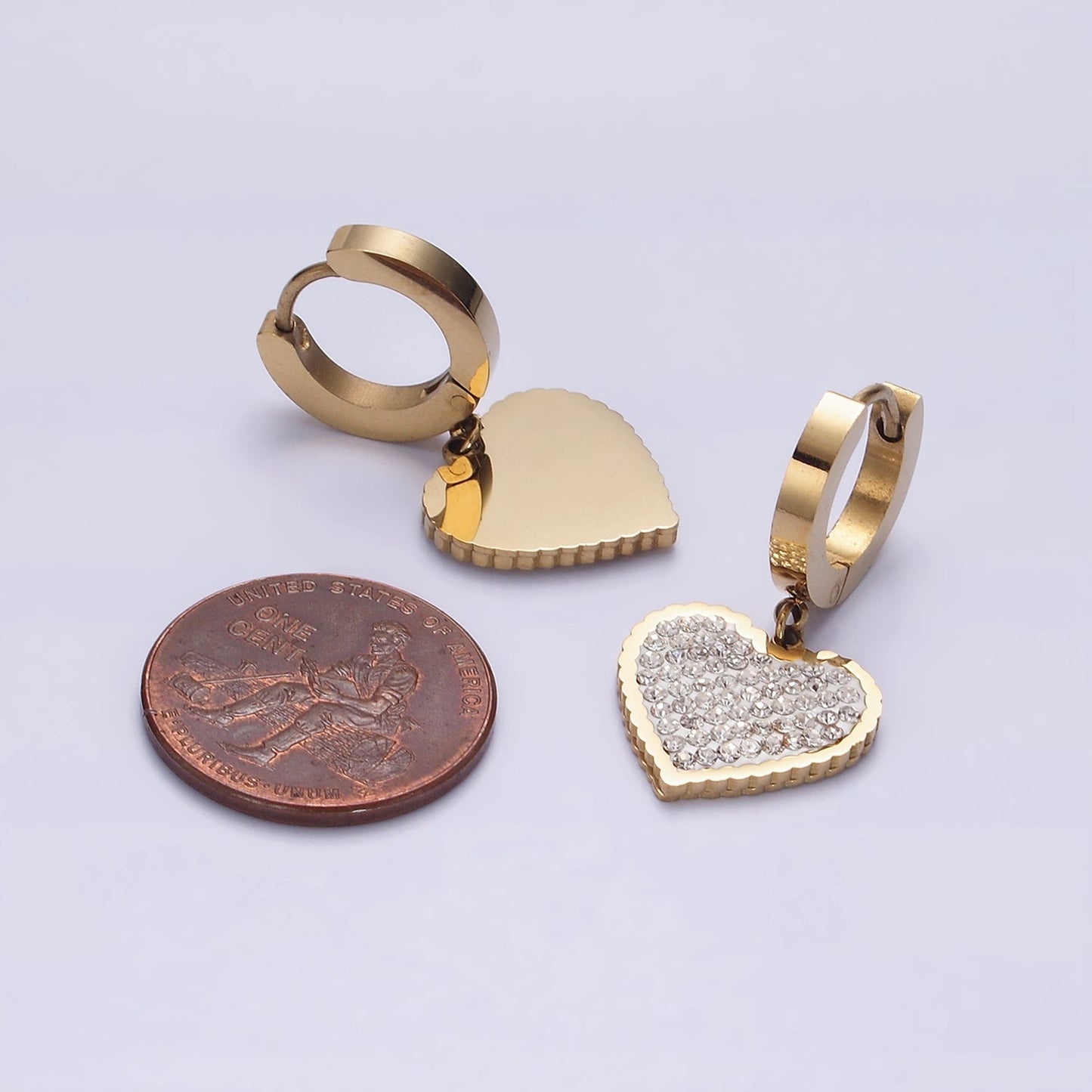 Stainless Steel Clear Micro Paved CZ Heart Drop Huggie Earrings | AE873