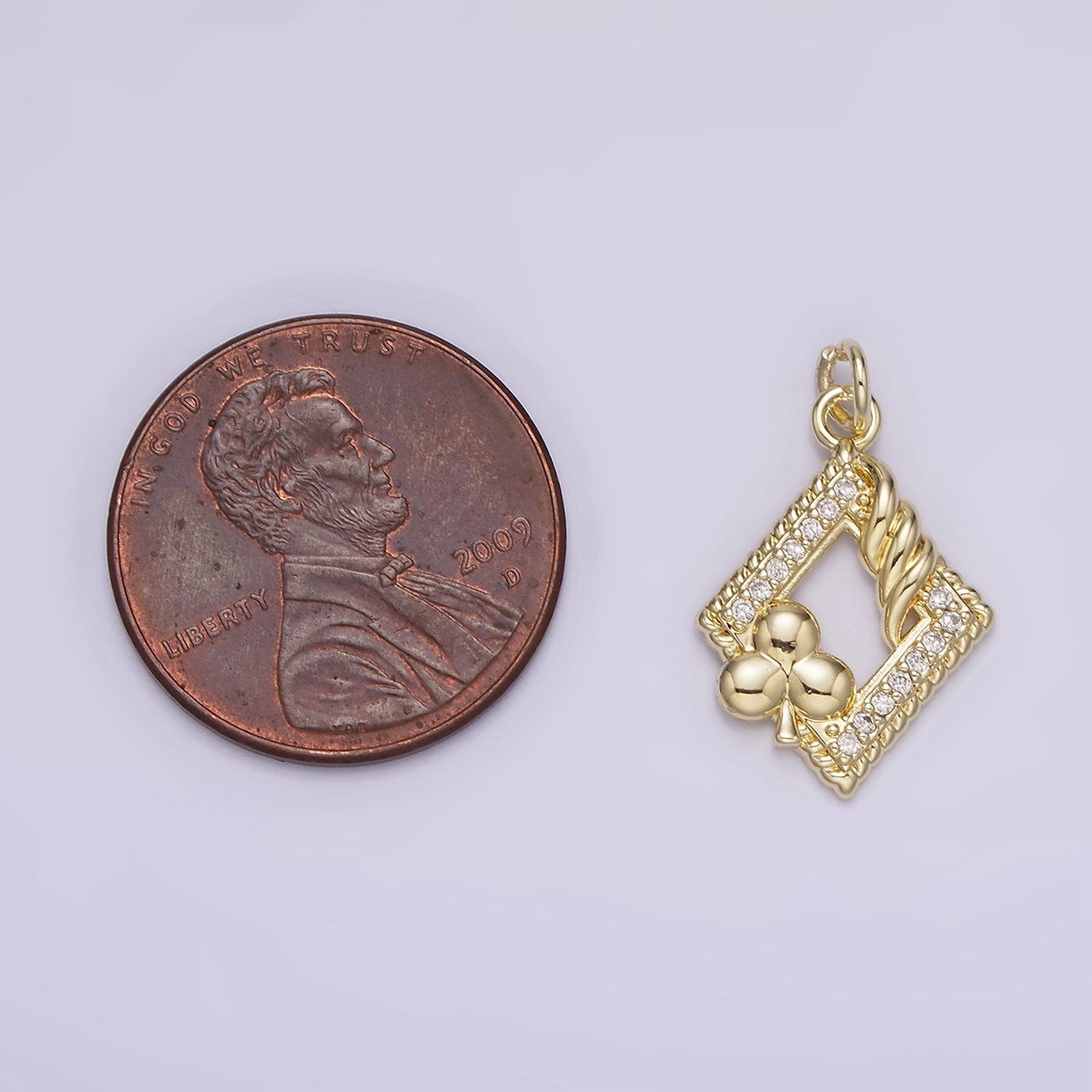14K Gold Filled Open Frame Rhombus Clover Micro Paved Twisted Clubs Card Charm | AG258
