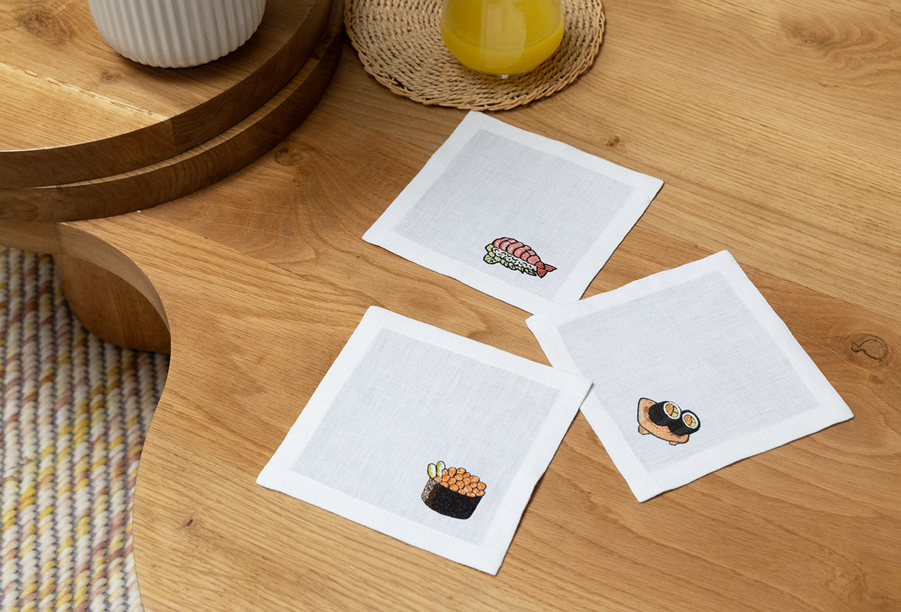 Hand Embroidered Sushi Cocktail Napkins 6" x 6" (Set of 4)