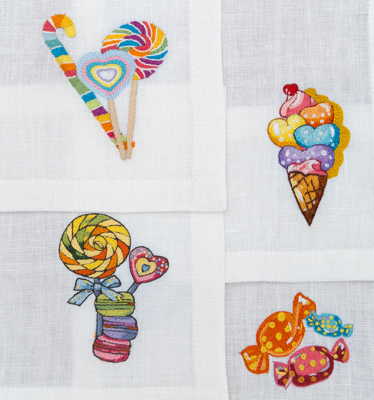 Hand Embroidered Candy Crush Cocktail Napkins 6" x 6" (Set of 4)