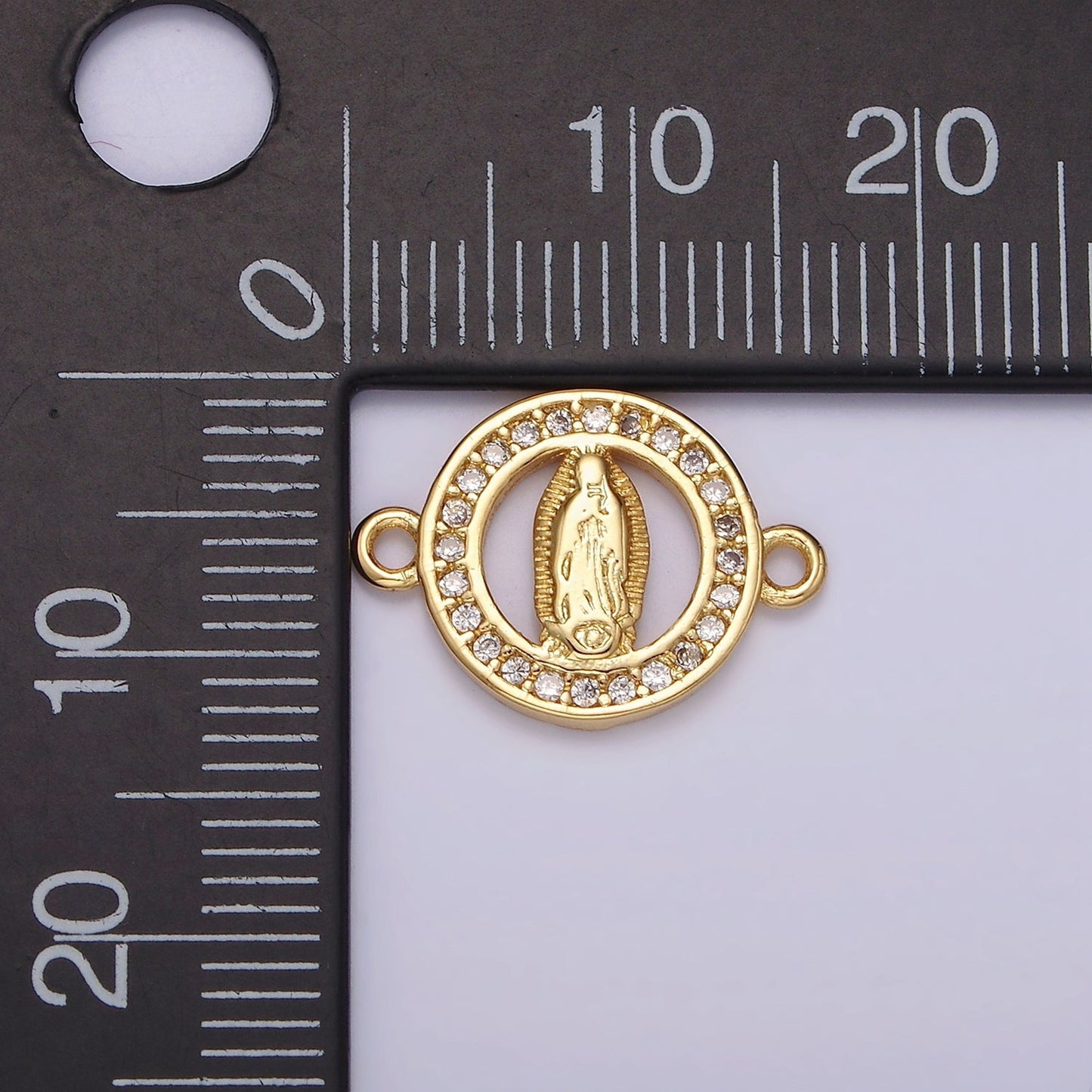 Gold Filled 12mm Mini Mary Lady Guadalupe Clear CZ Lined Open Round Connector G-722