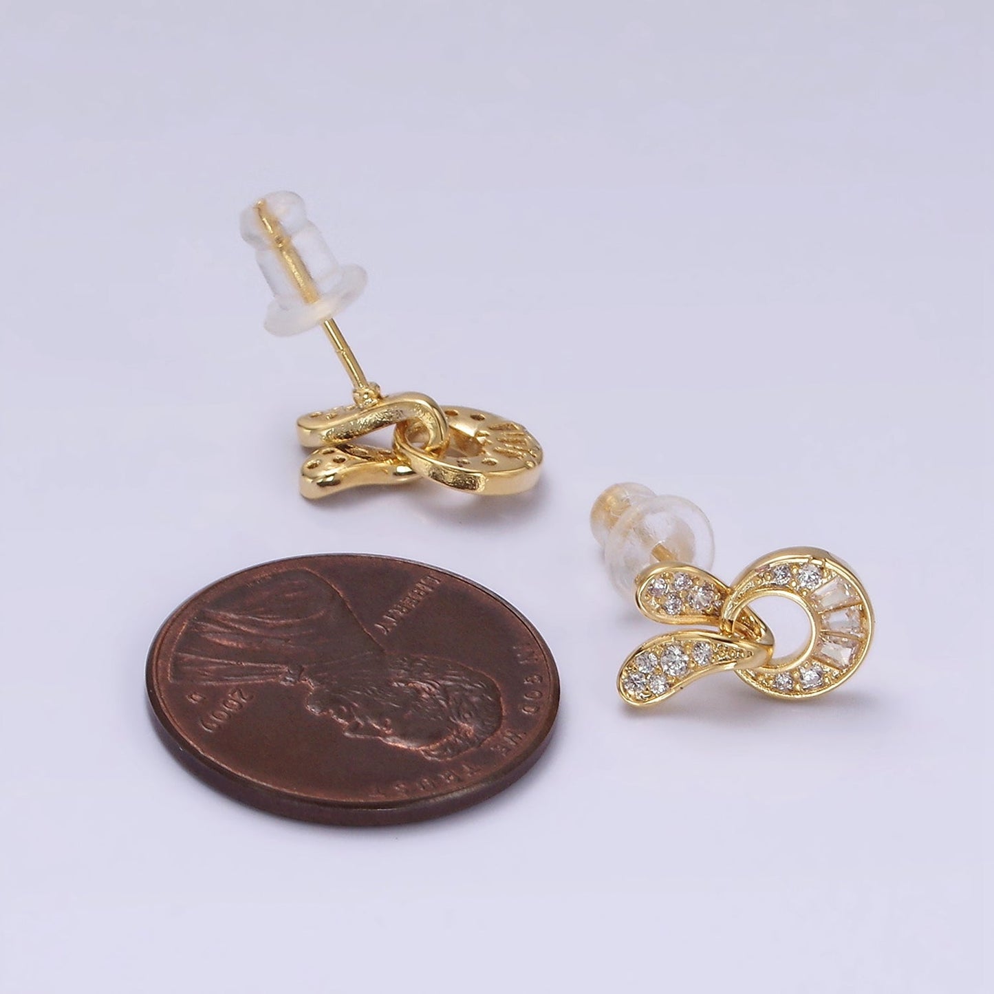 14K Gold Filled Open Geometric Baguette Micro Paved CZ Stud Earrings in Gold & Silver | V276