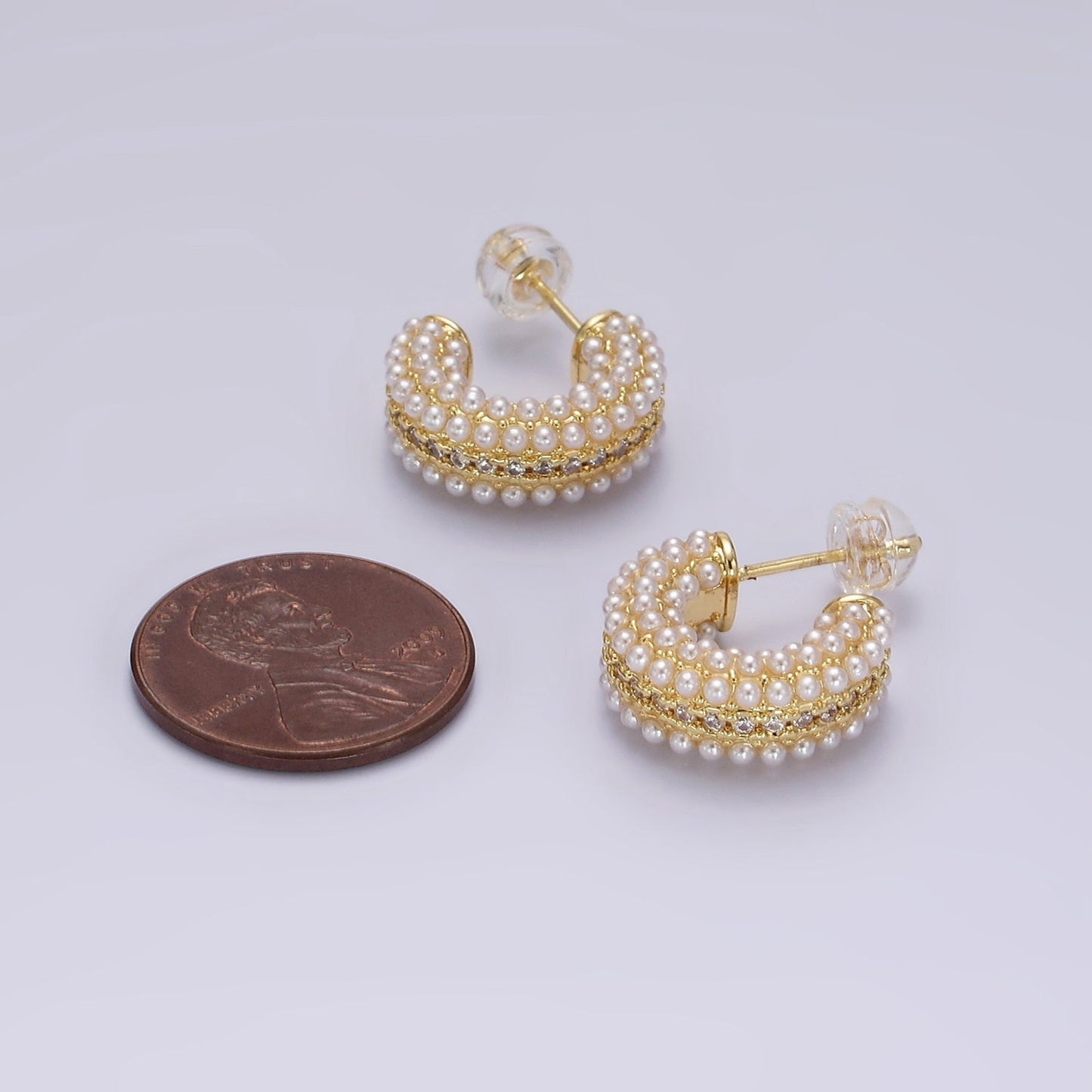 14K Gold Filled Multiple Pearl Micro Paved CZ 15mm C-Shaped Hoop Earrings in Gold & Silver | V259