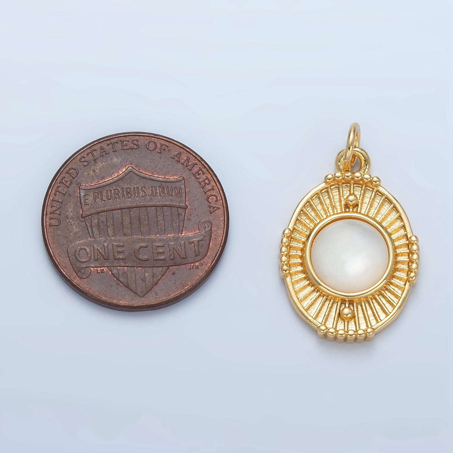 24K Gold Filled Shell Pearl, Carnelian Beaded Sunburst Oval Charm | X594