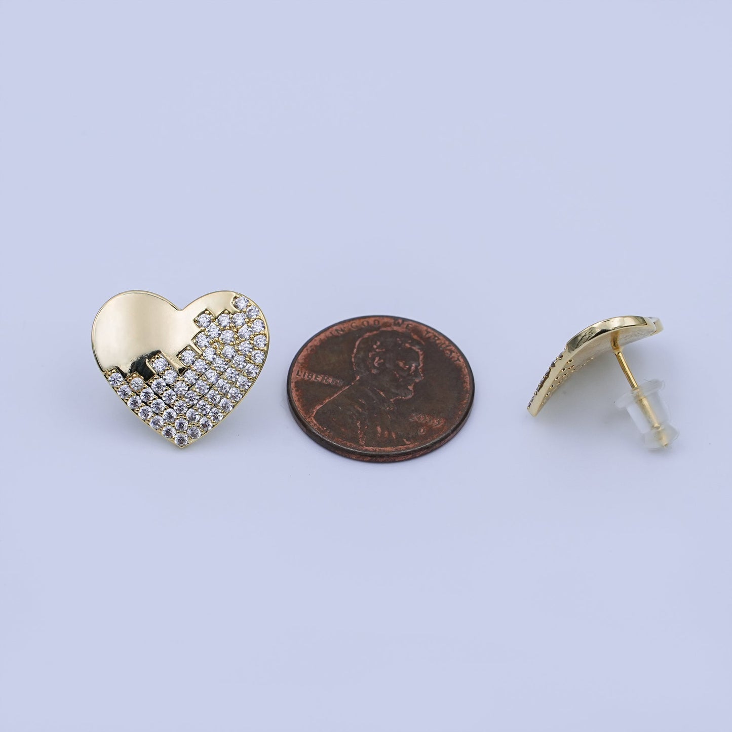 Micro Paved CZ Heart Stud Earrings Set in Gold & Silver | V534