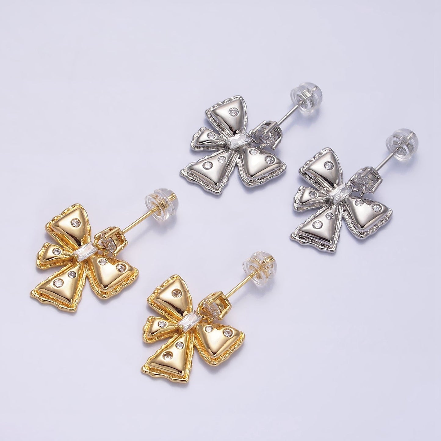 Gold, Silver and Gold Ribbon Bow Puffed CZ Dotted Baguette Teardrop Drop Stud Earrings | AD982-AD983
